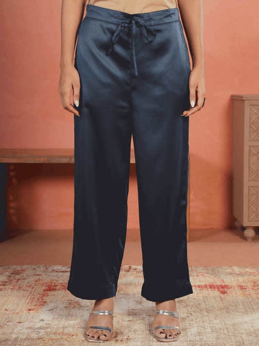 Satin Solid Blue Straight Trousers