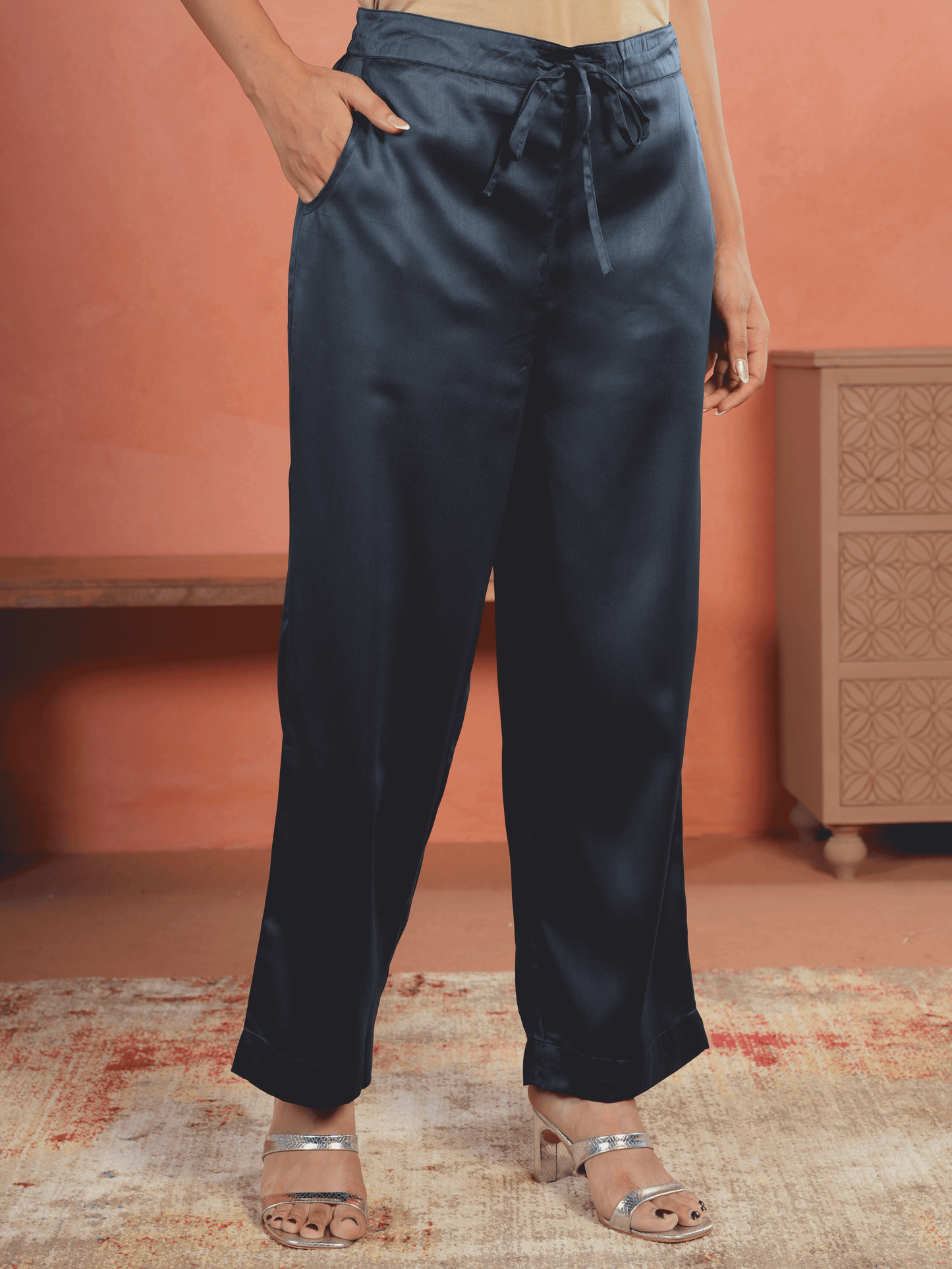 Satin Solid Blue Straight Trousers
