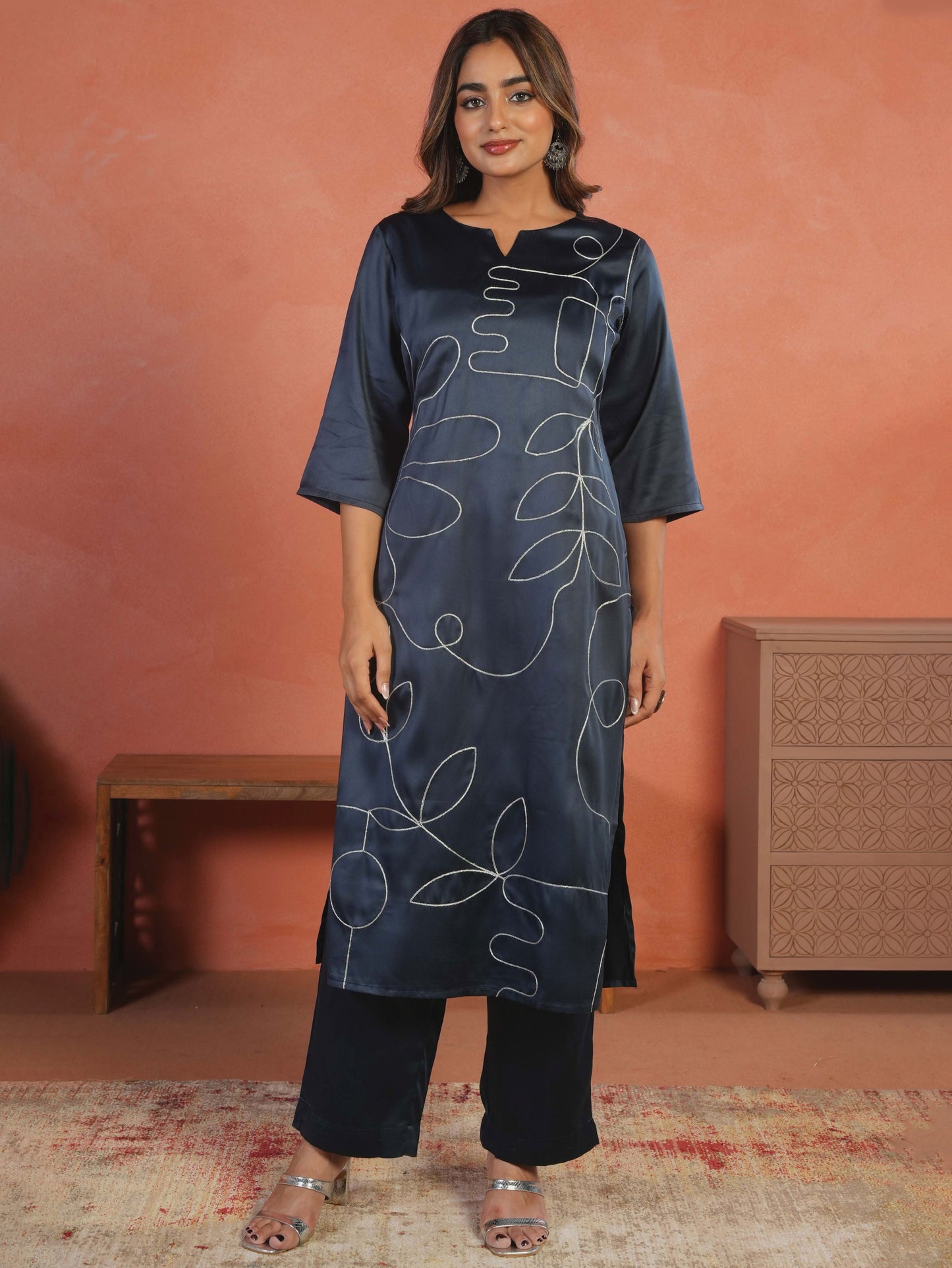 Embroidered Satin Solid Straight Blue Kurta