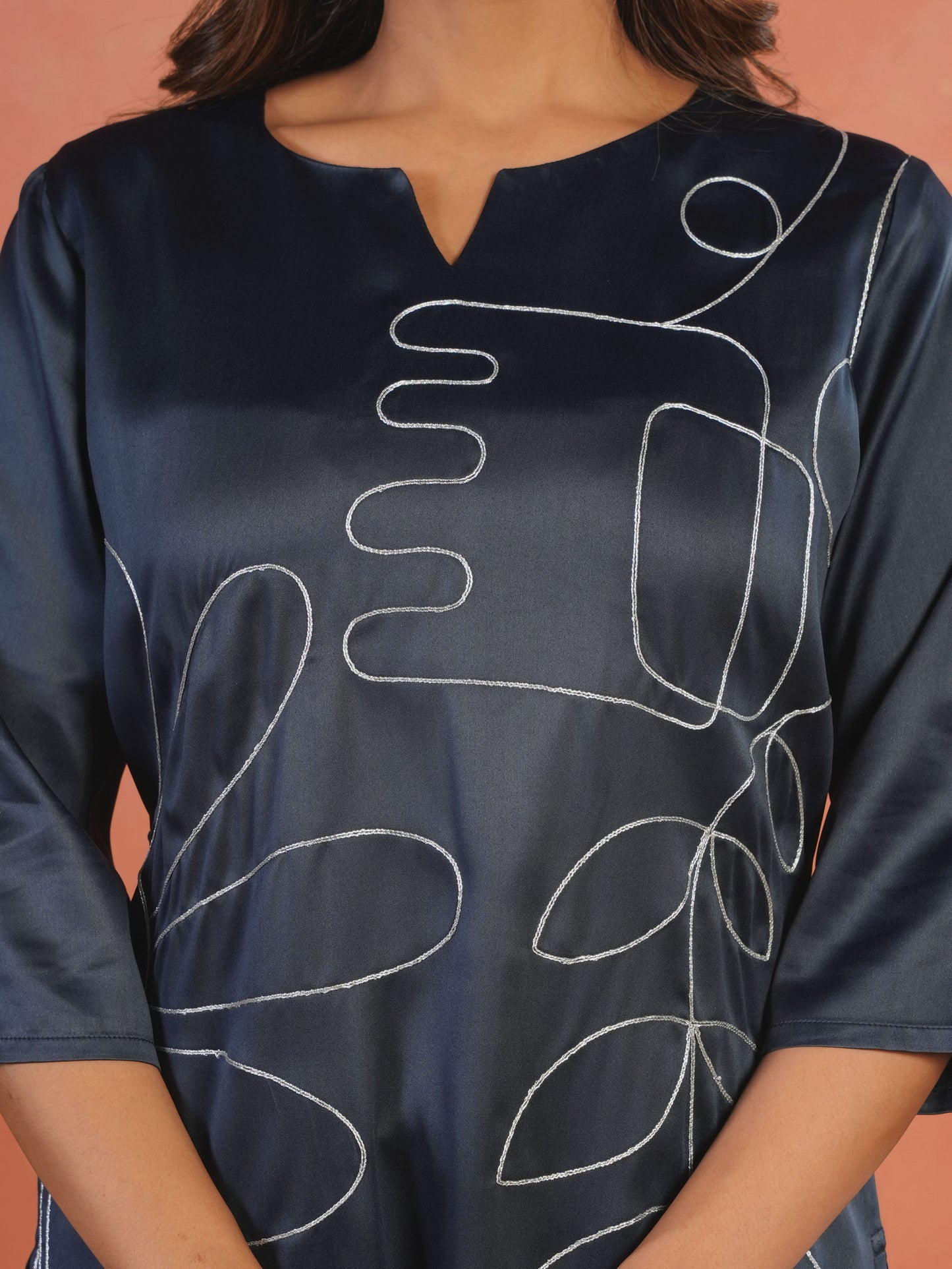 Embroidered Satin Solid Straight Blue Kurta