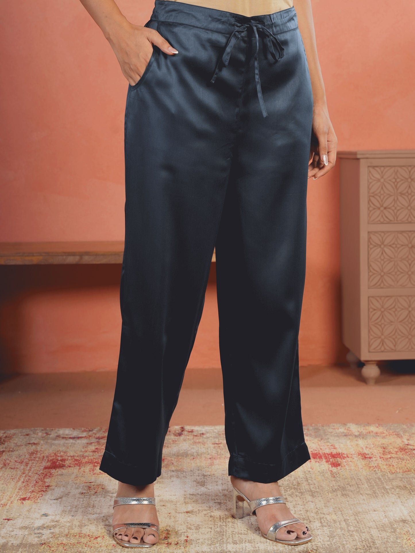 Embroidered Satin Solid Straight Blue Kurta