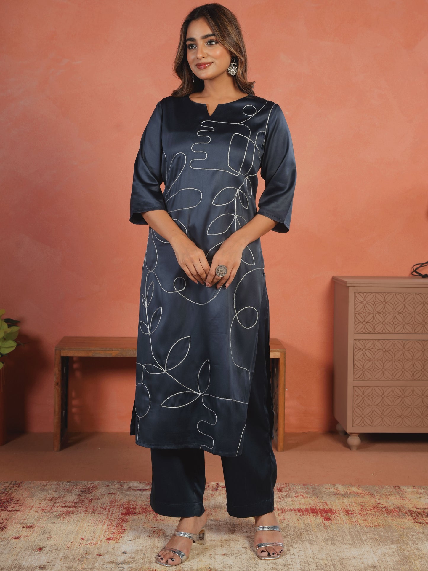 Embroidered Satin Solid Straight Blue Kurta