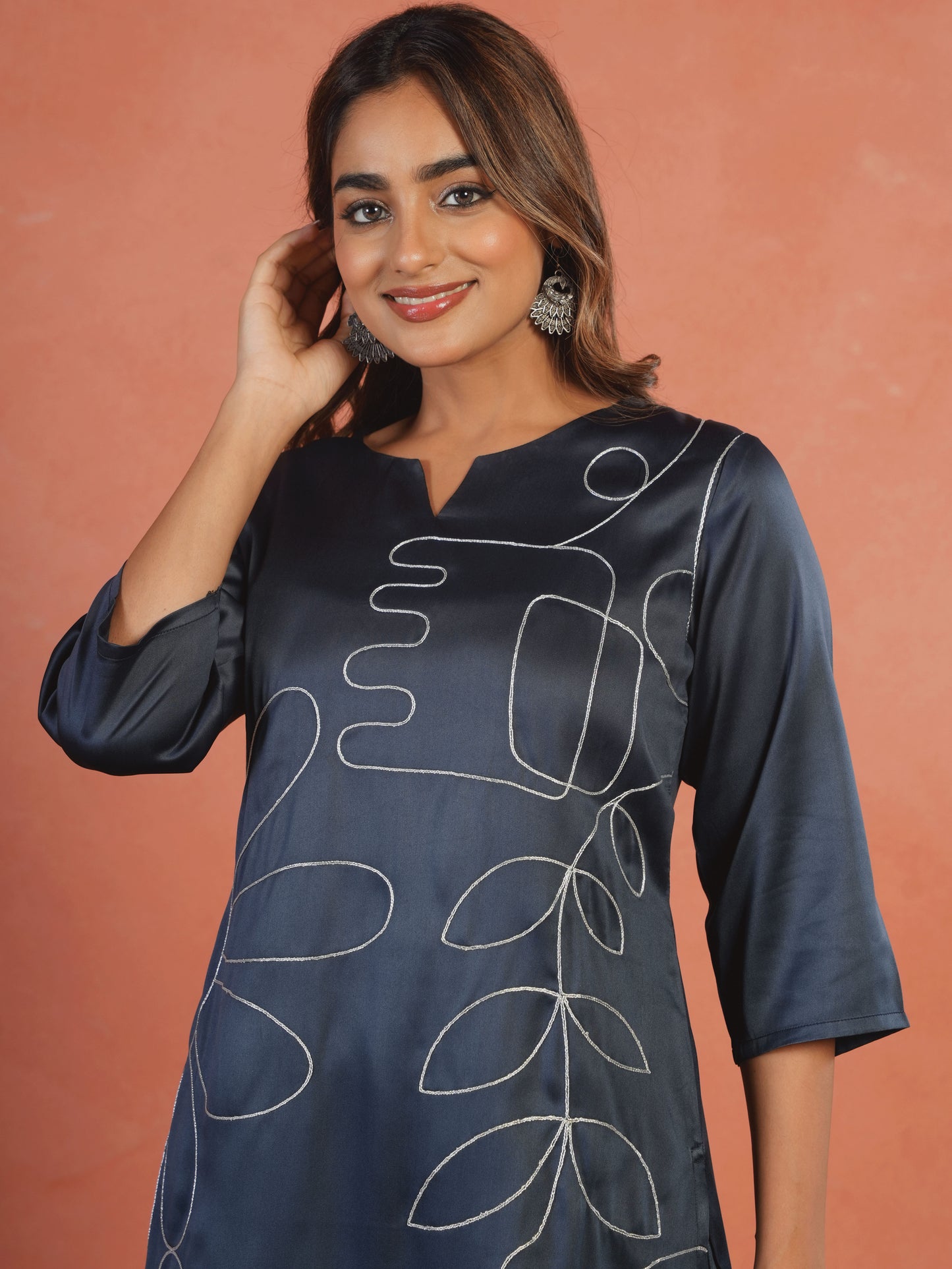 Embroidered Satin Solid Straight Blue Kurta