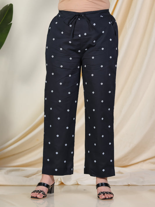 Soft Cotton Geometric Black Straight Trousers