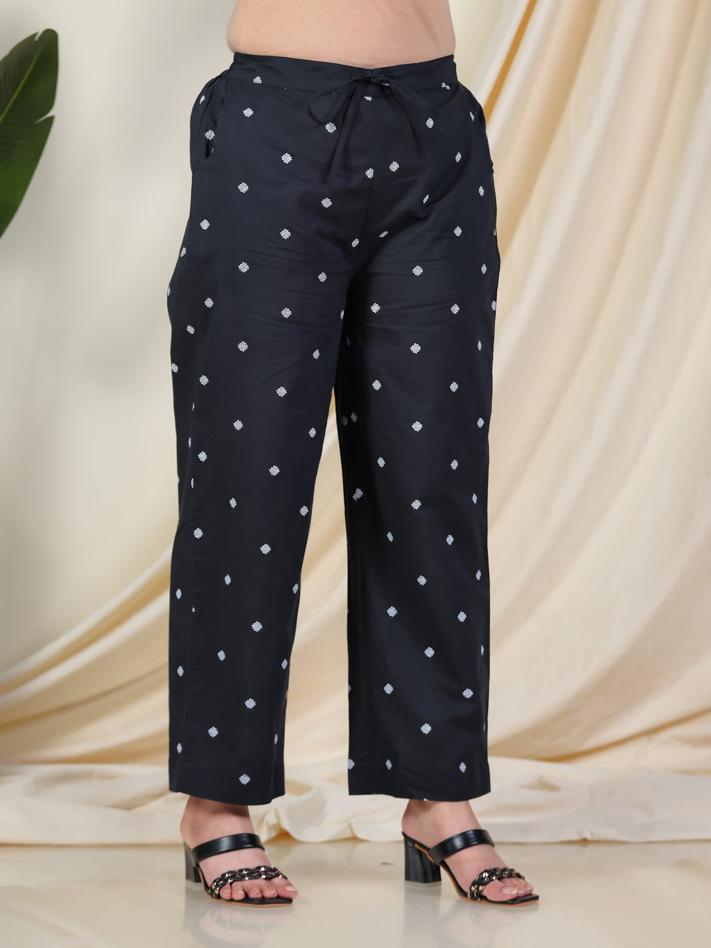Soft Cotton Geometric Black Straight Trousers