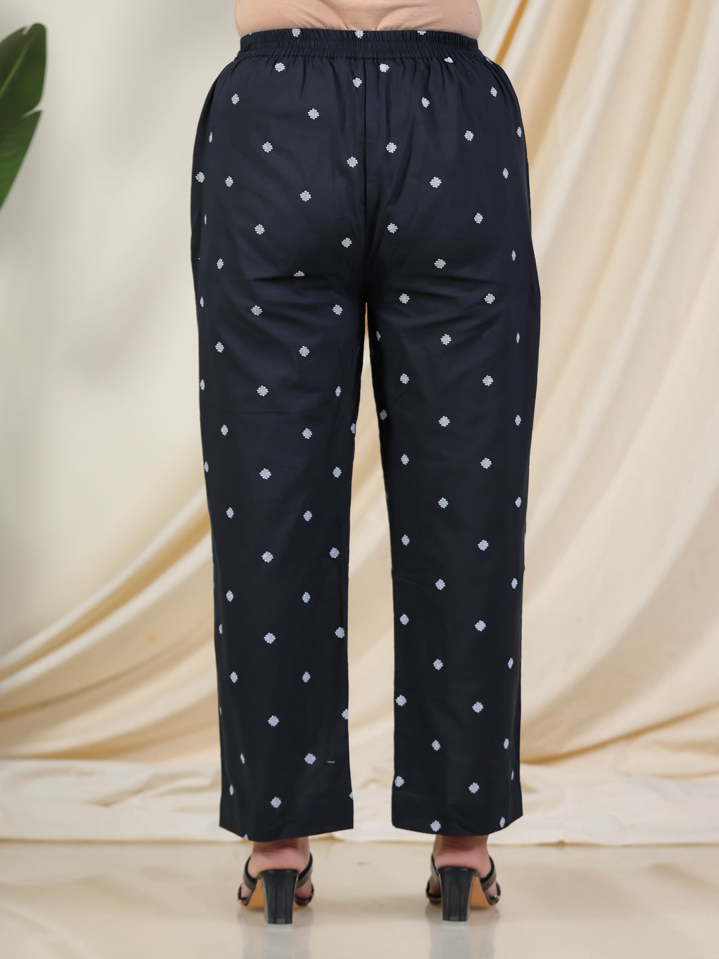 Soft Cotton Geometric Black Straight Trousers