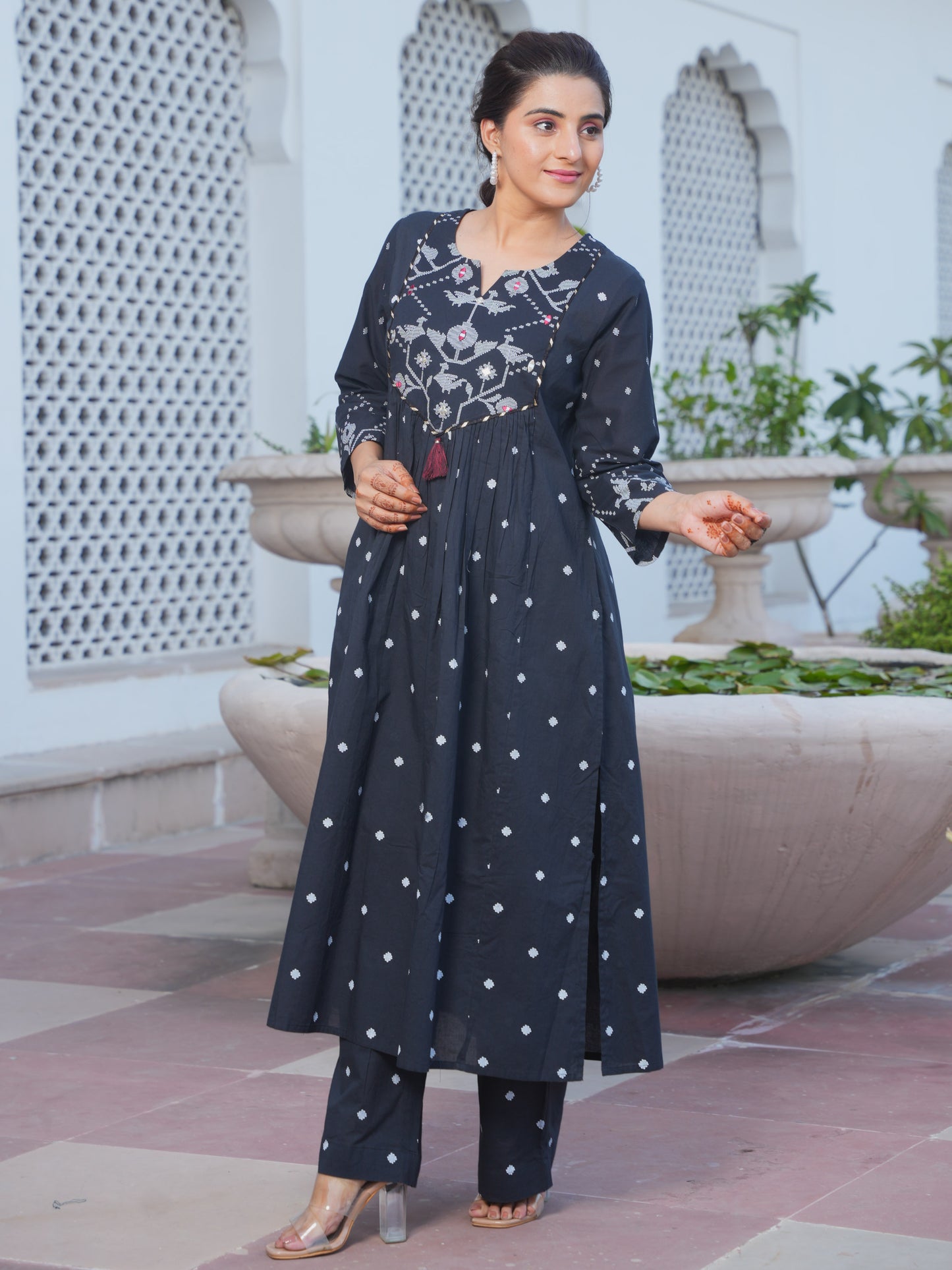 Embroidered Soft Cotton Geometric Flared Black Kurta