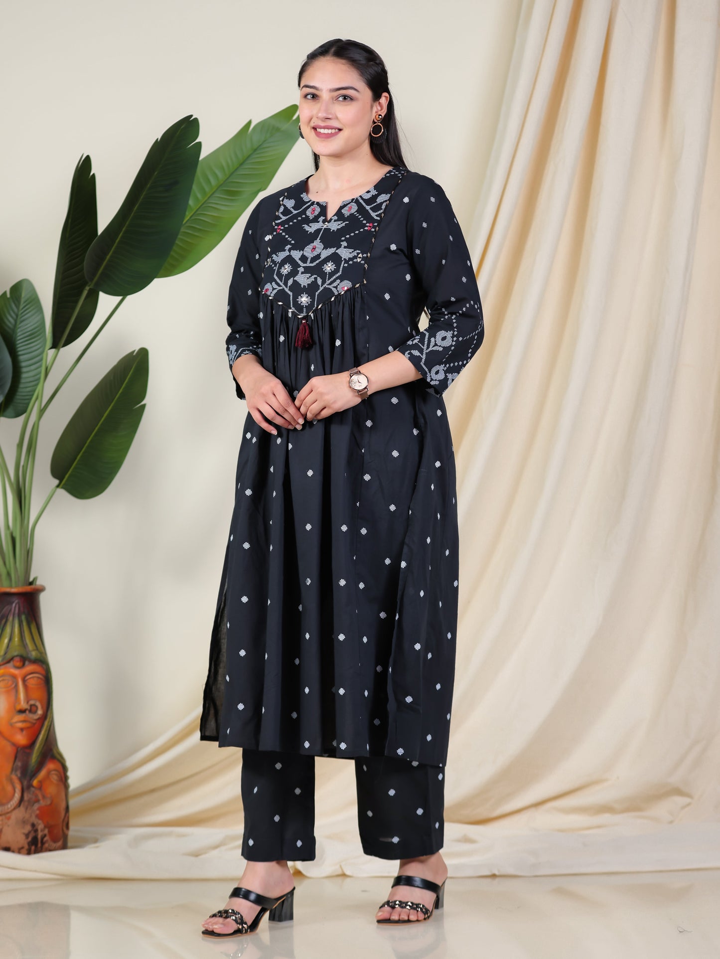 Embroidered Soft Cotton Geometric Flared Black Kurta