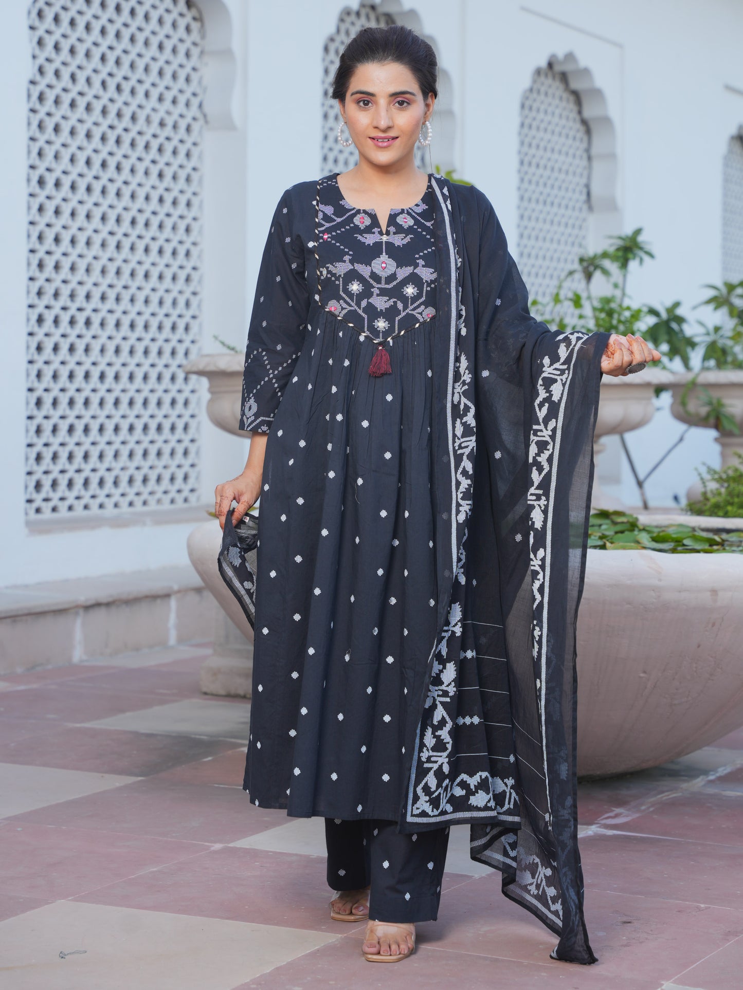 Embroidered Soft Cotton Geometric Flared Black Kurta