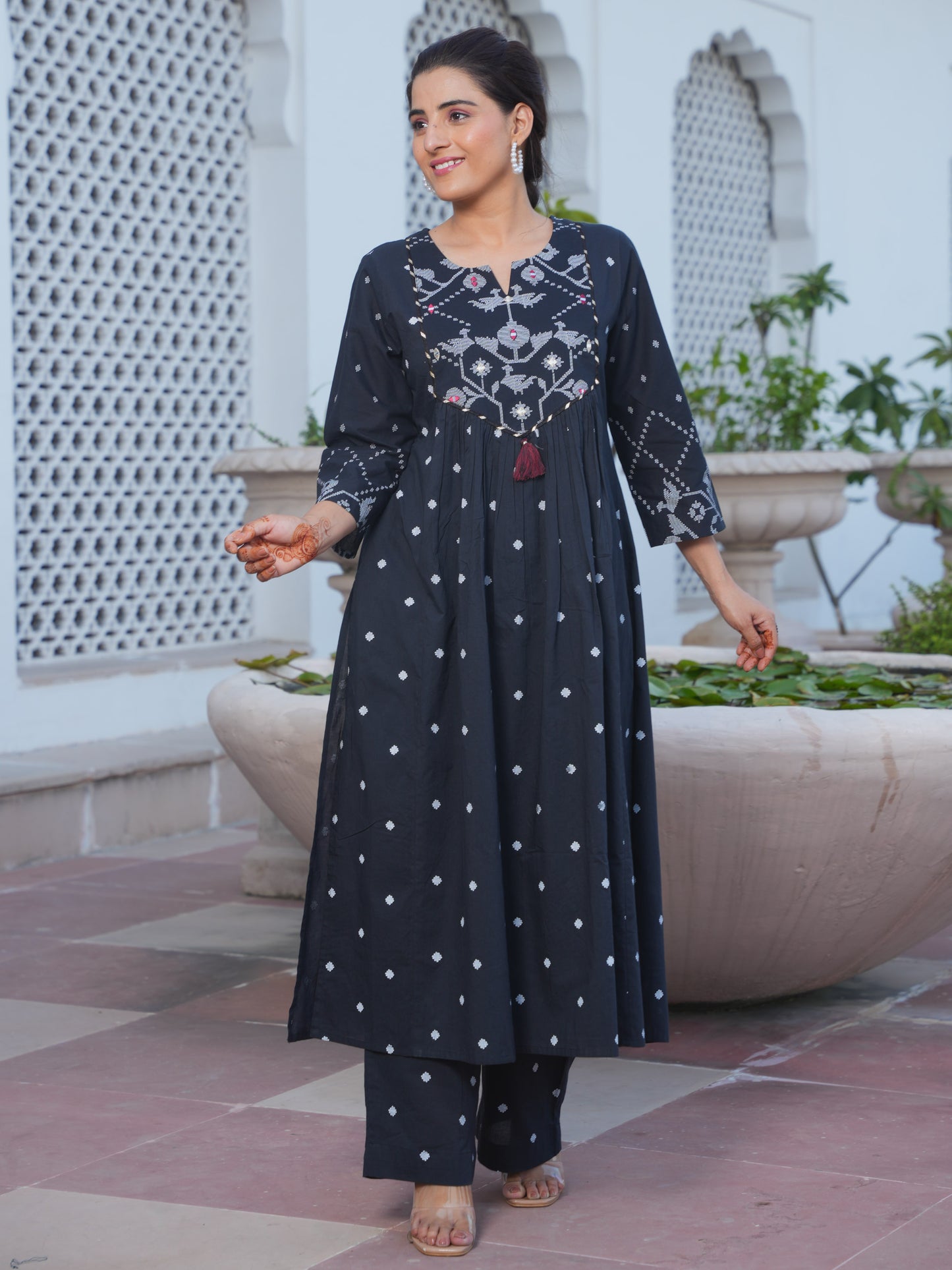 Embroidered Soft Cotton Geometric Flared Black Kurta