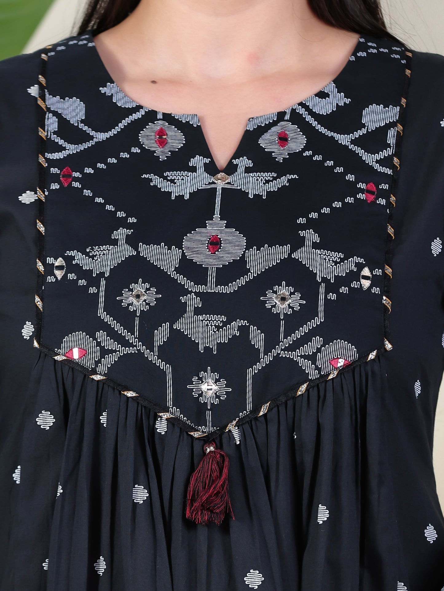 Embroidered Soft Cotton Geometric Flared Black Kurta