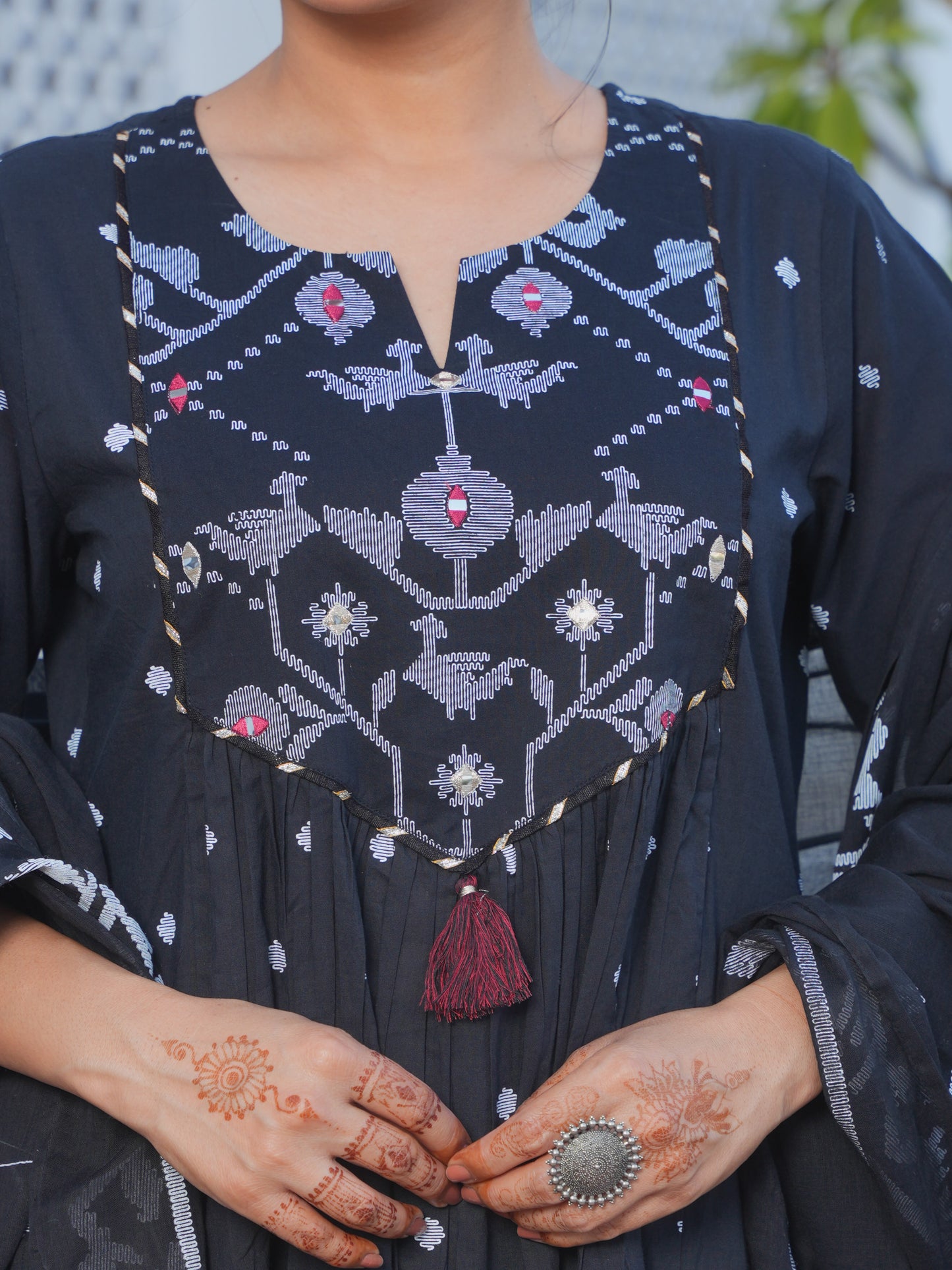 Embroidered Soft Cotton Geometric Flared Black Kurta