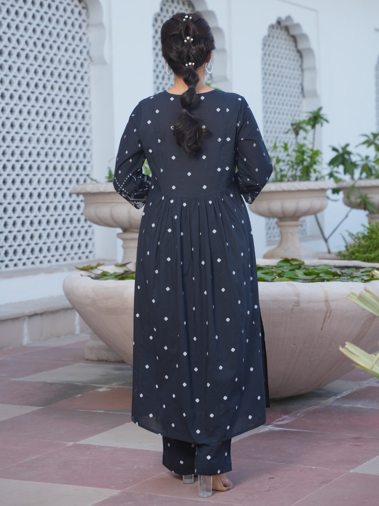 Embroidered Soft Cotton Geometric Flared Black Kurta