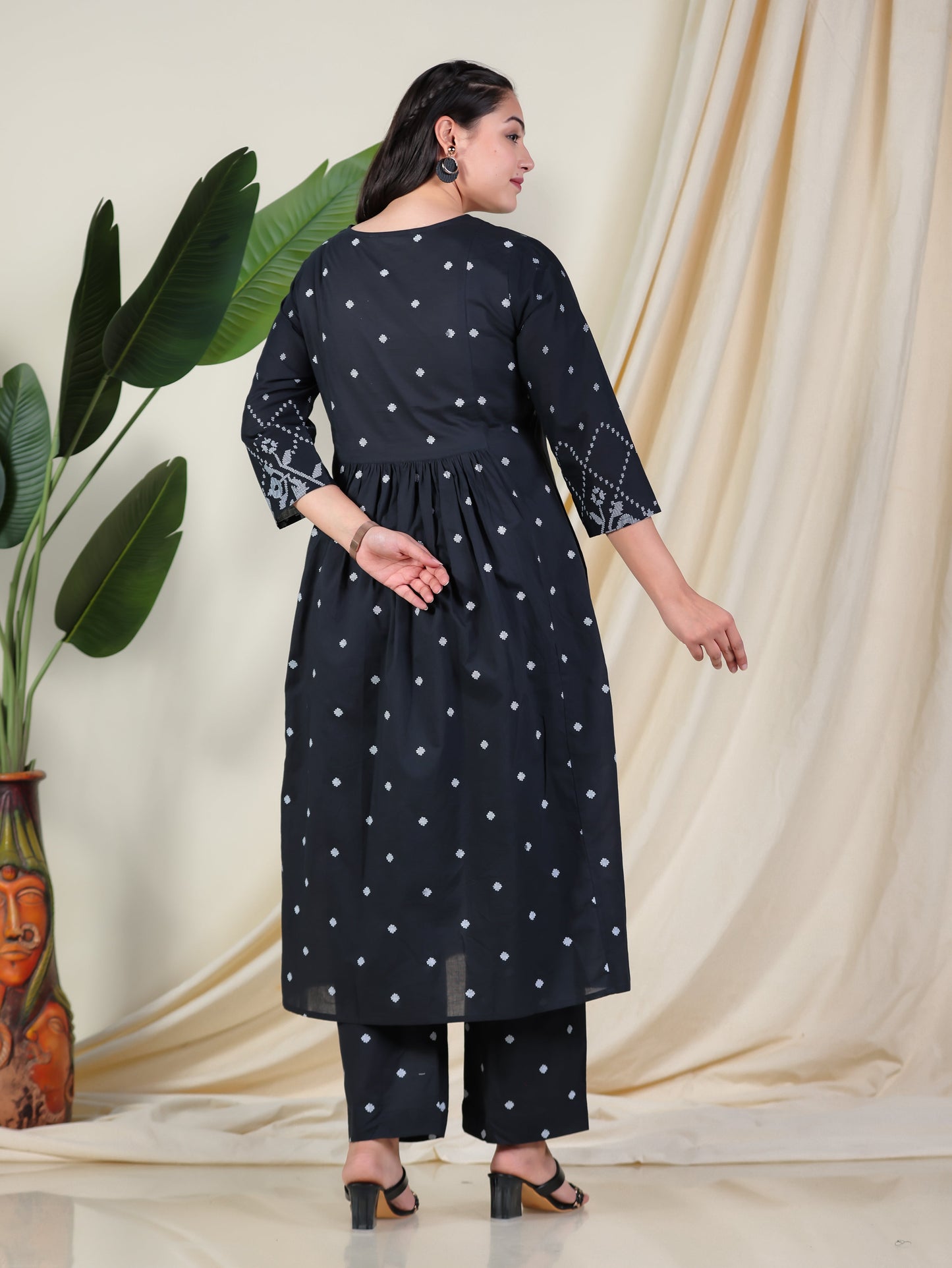 Embroidered Soft Cotton Geometric Flared Black Kurta