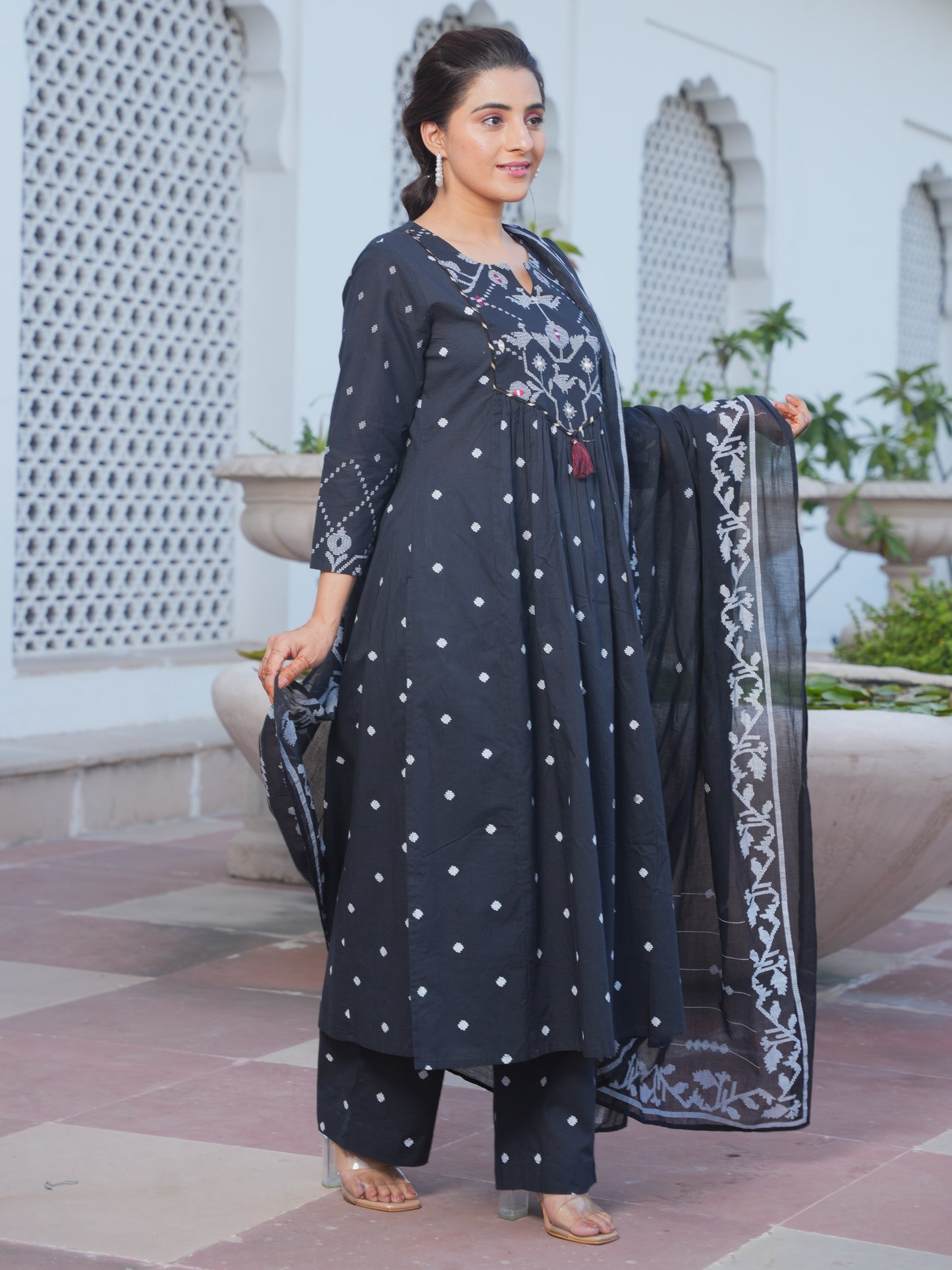 Embroidered Soft Cotton Geometric Flared Black Kurta