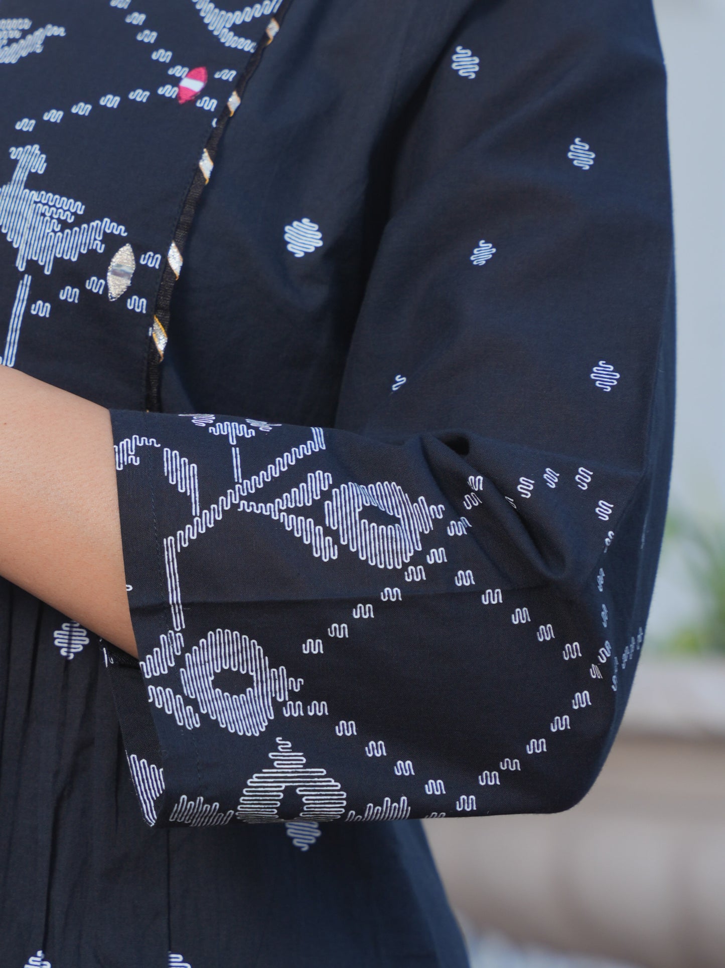 Embroidered Soft Cotton Geometric Flared Black Kurta
