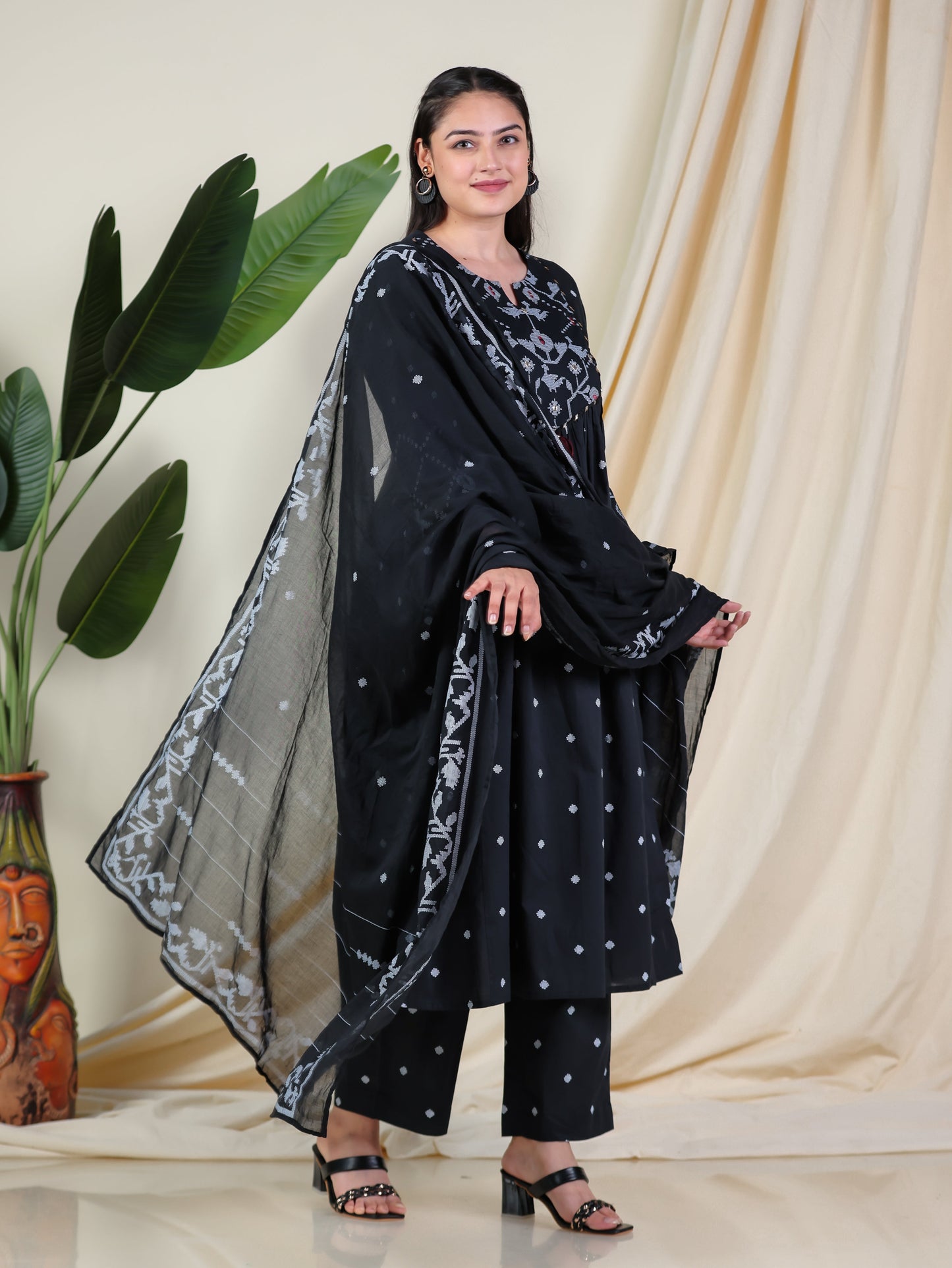 Embroidered Soft Cotton Geometric Flared Black Kurta