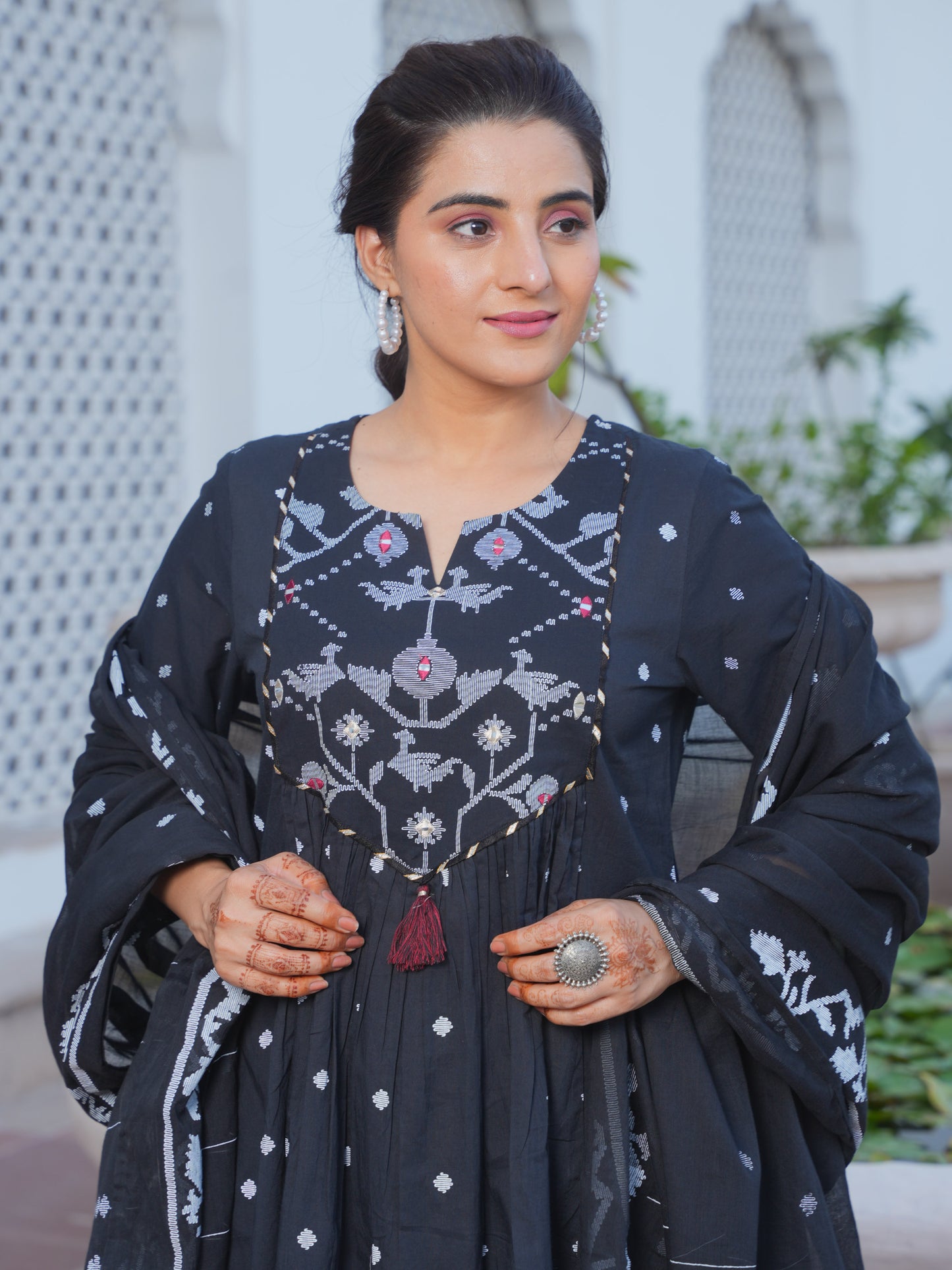 Embroidered Soft Cotton Geometric Flared Black Kurta