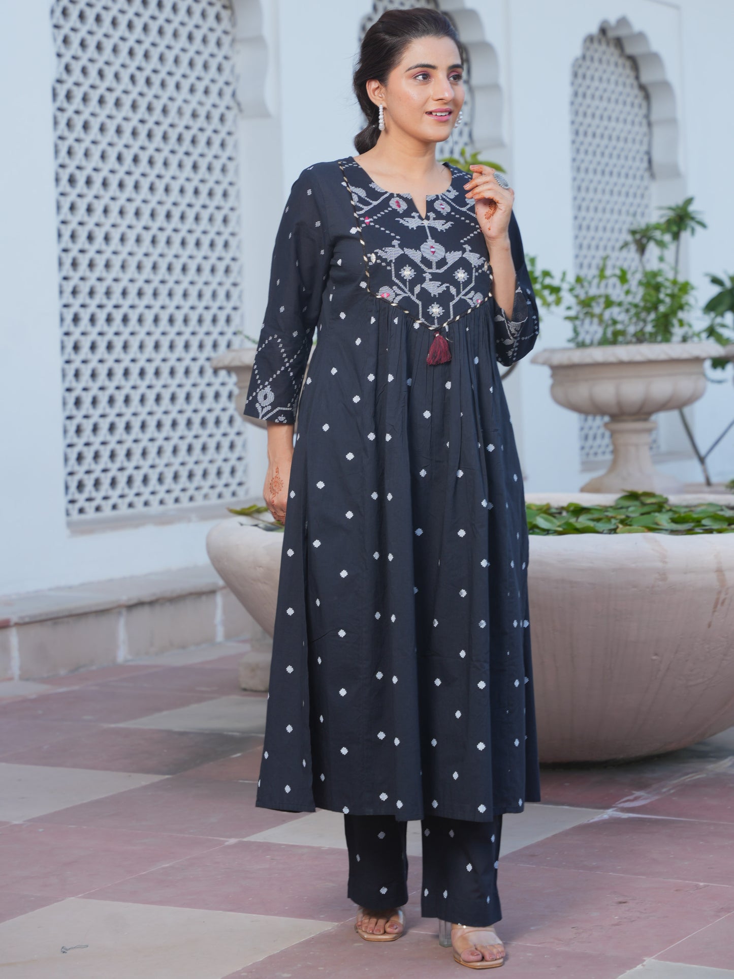 Embroidered Soft Cotton Geometric Flared Black Kurta