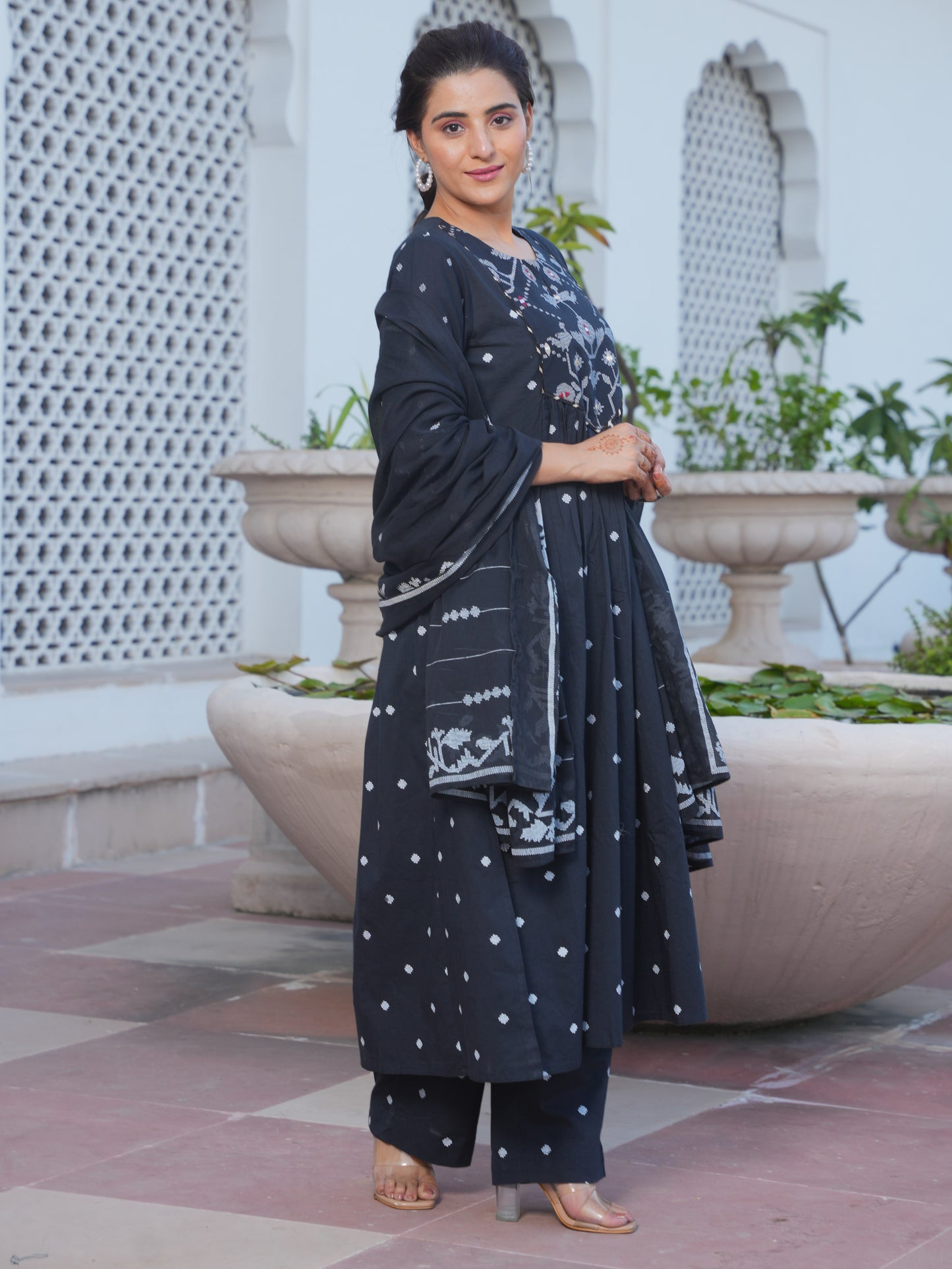 Embroidered Soft Cotton Geometric Flared Black Kurta