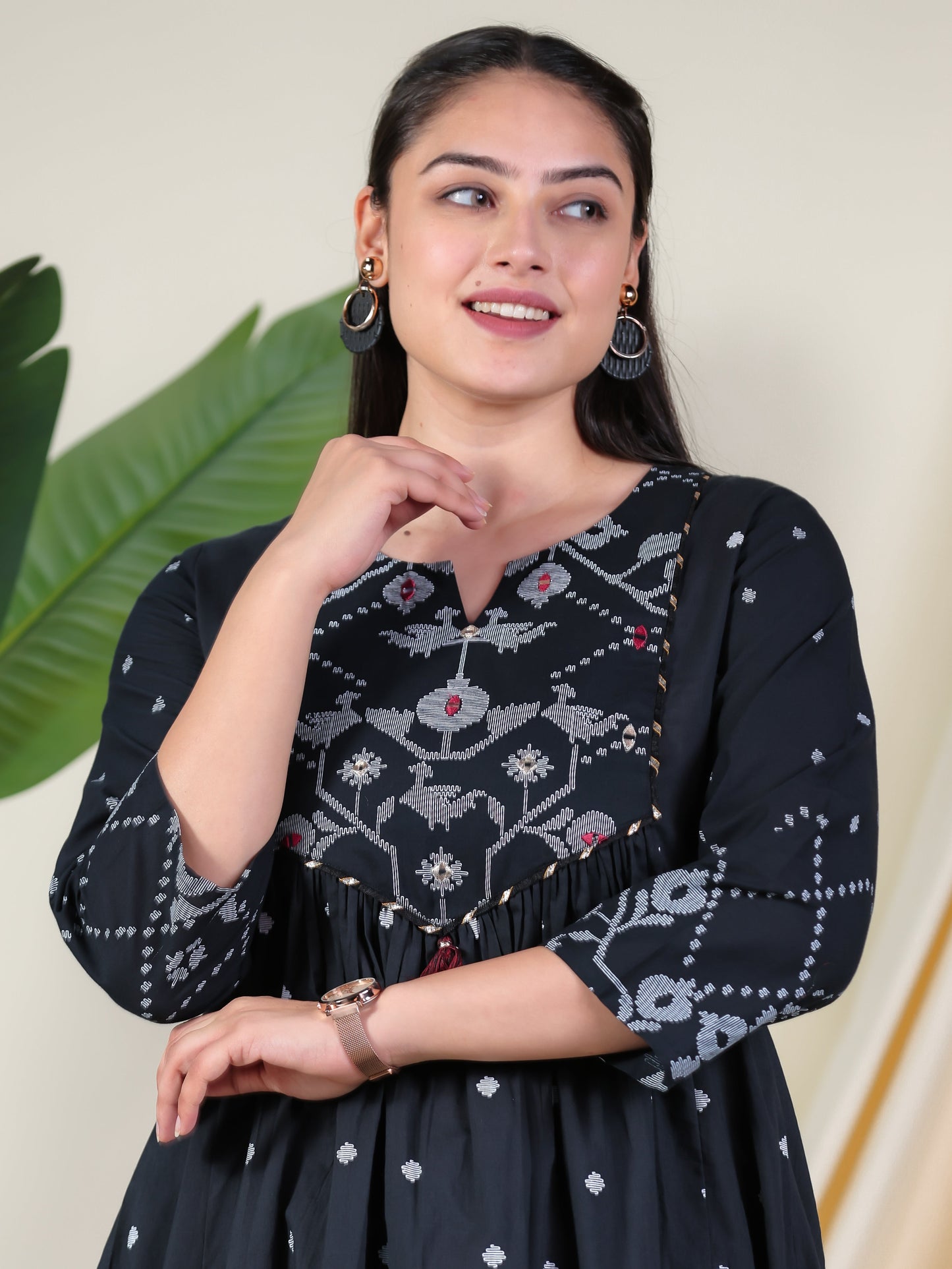 Embroidered Soft Cotton Geometric Flared Black Kurta