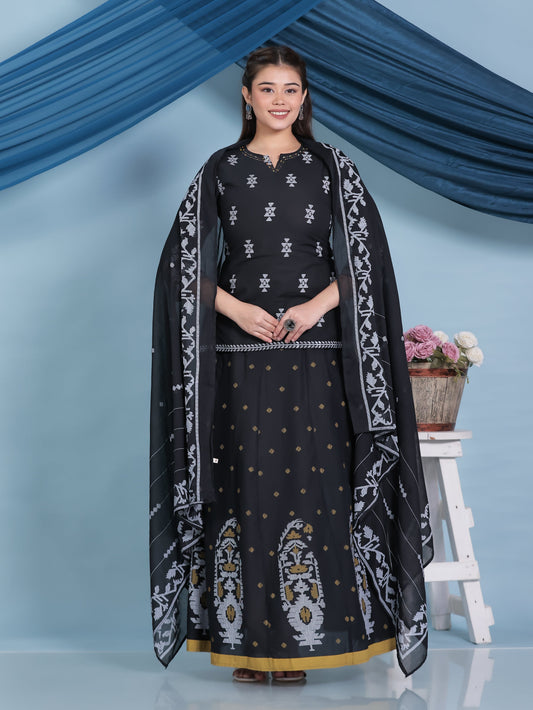 Cotton Voile Geometric Black Dupatta