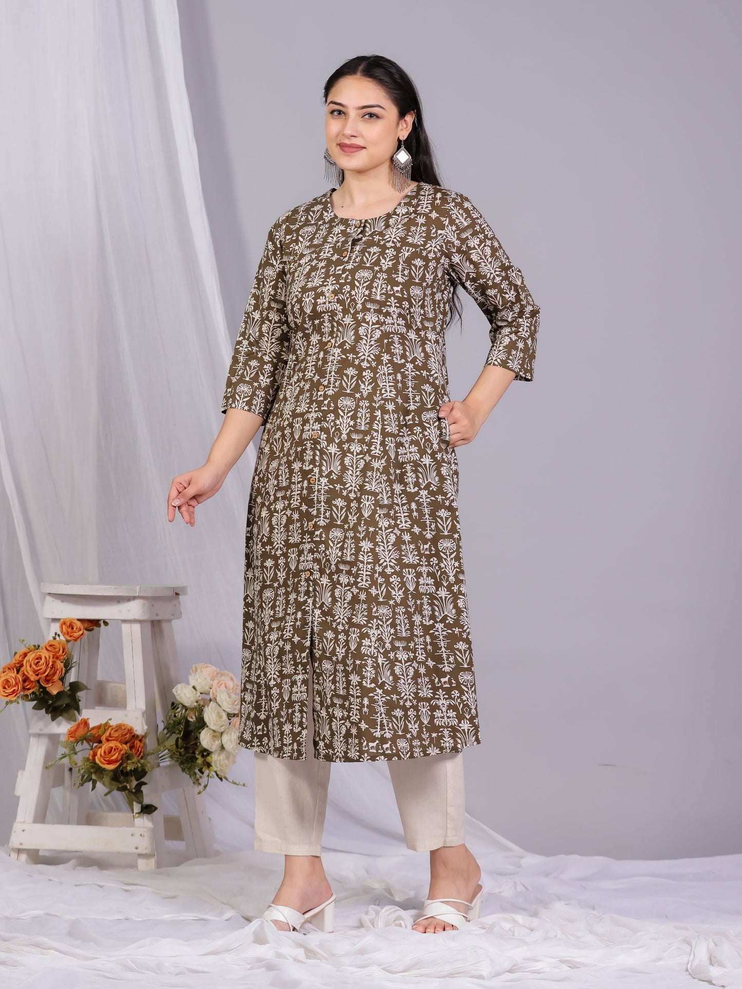 Soft Cotton Floral Flared Green Kurta