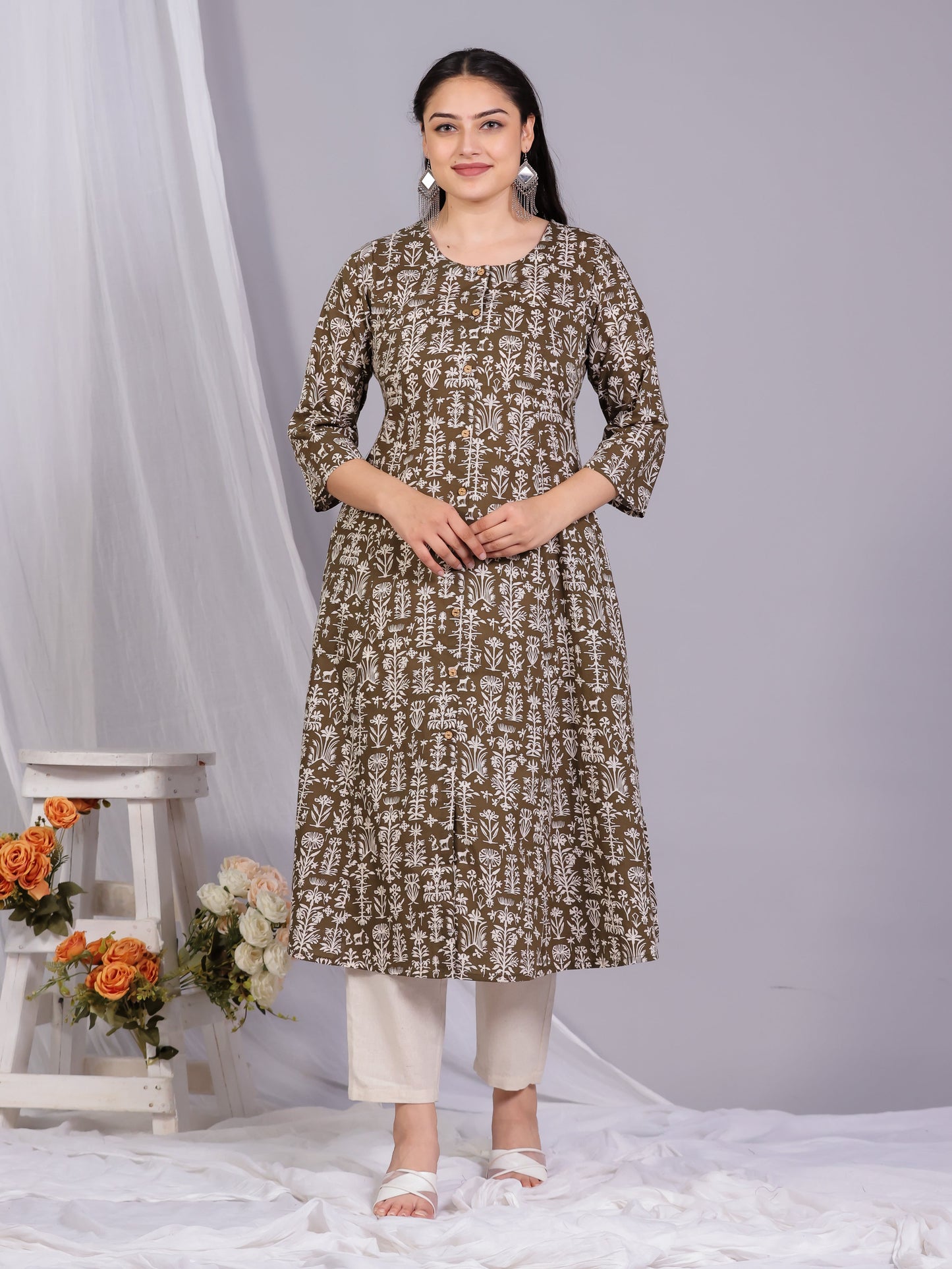 Soft Cotton Floral Flared Green Kurta