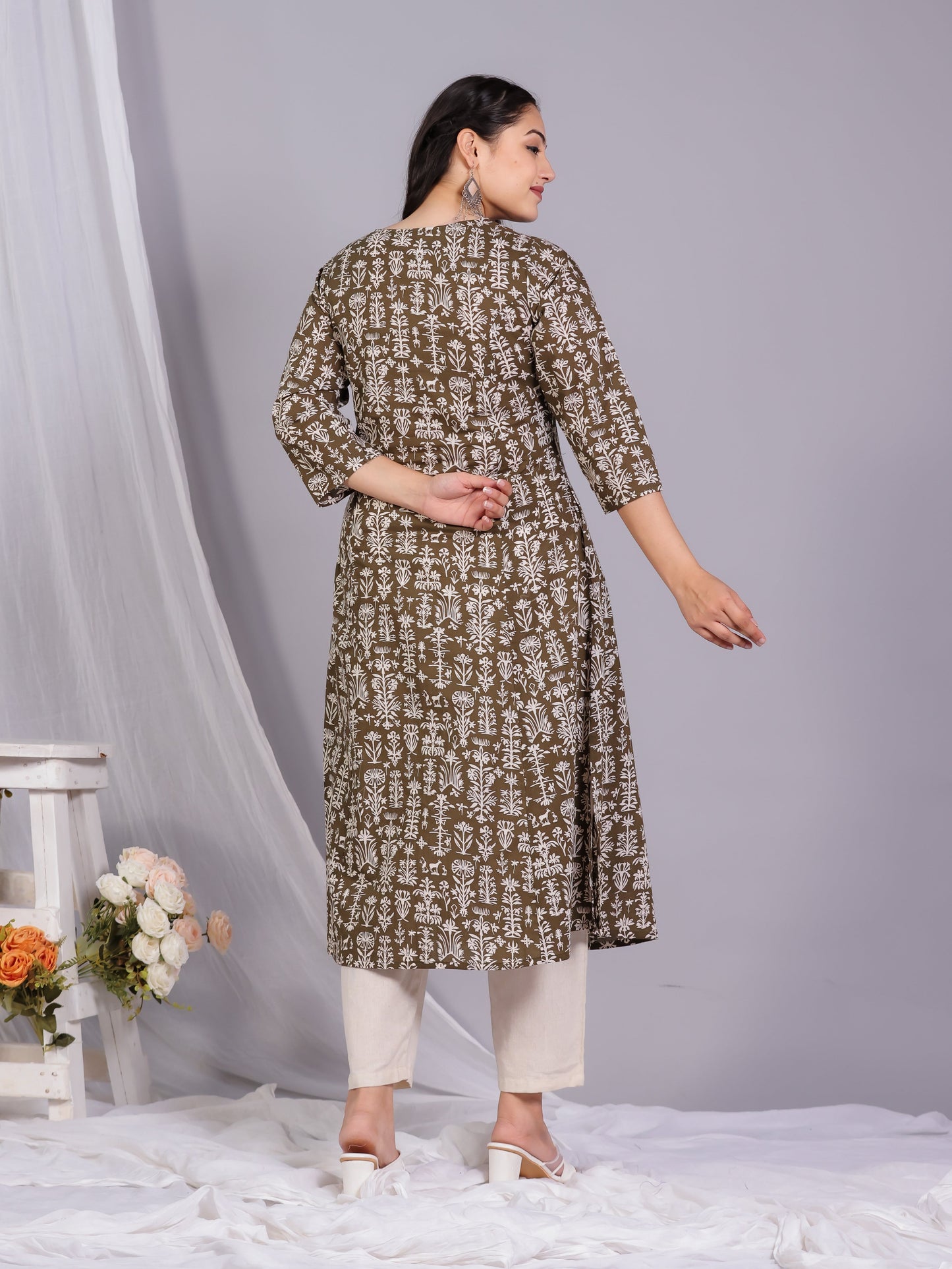 Soft Cotton Floral Flared Green Kurta