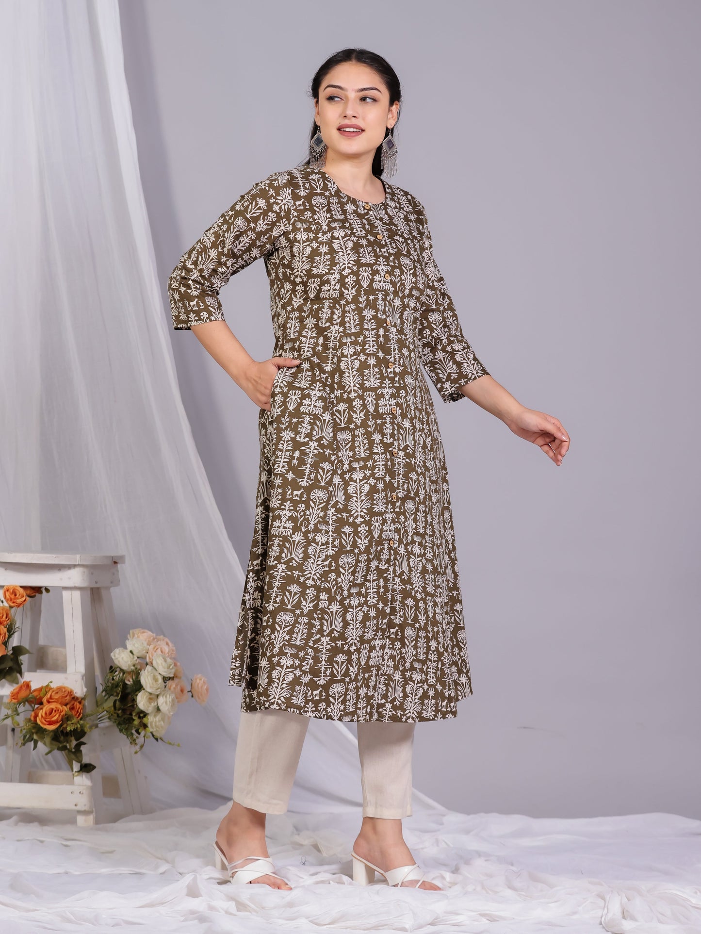 Soft Cotton Floral Flared Green Kurta