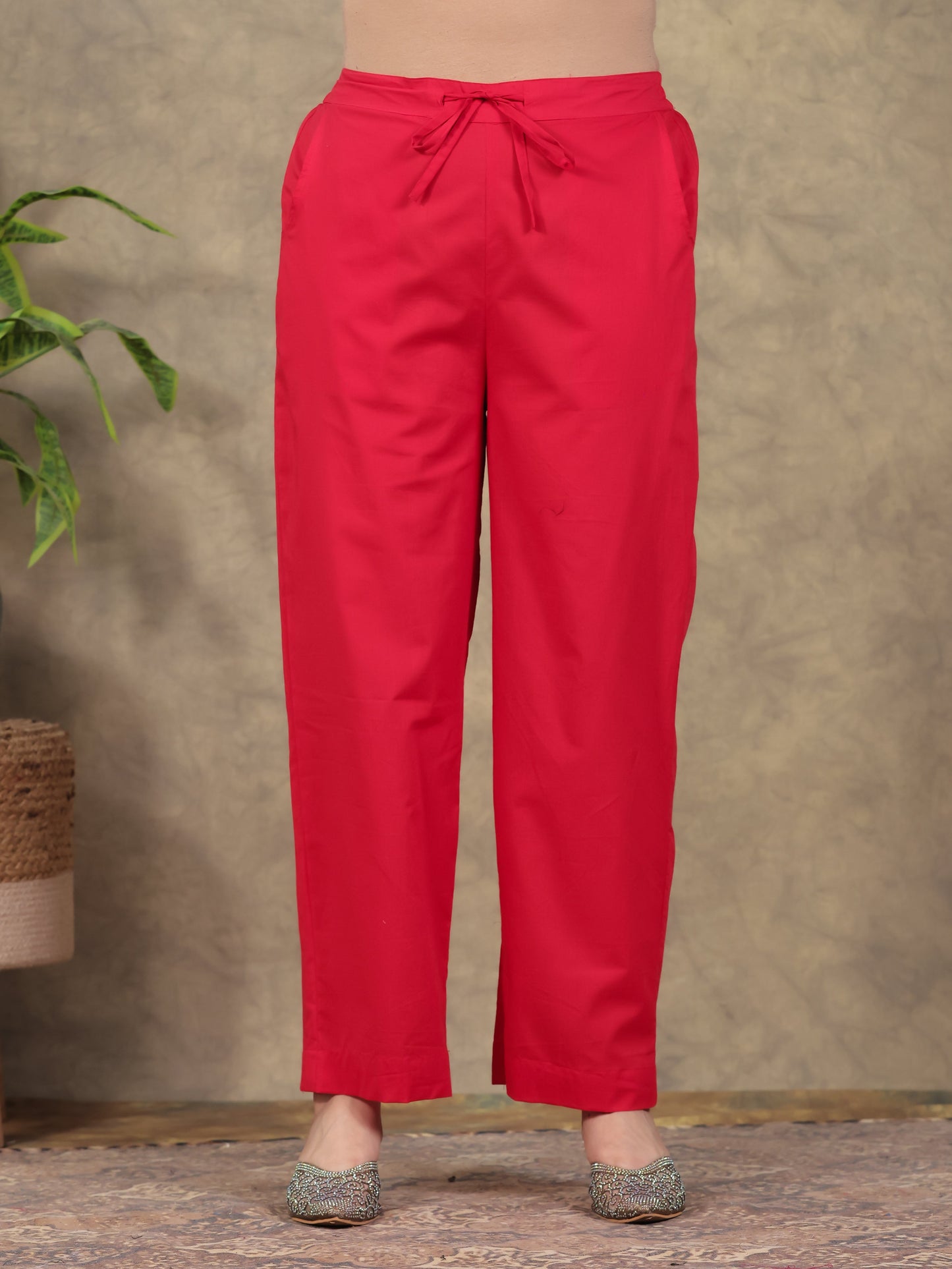 Soft Cotton Solid Red Straight Trousers