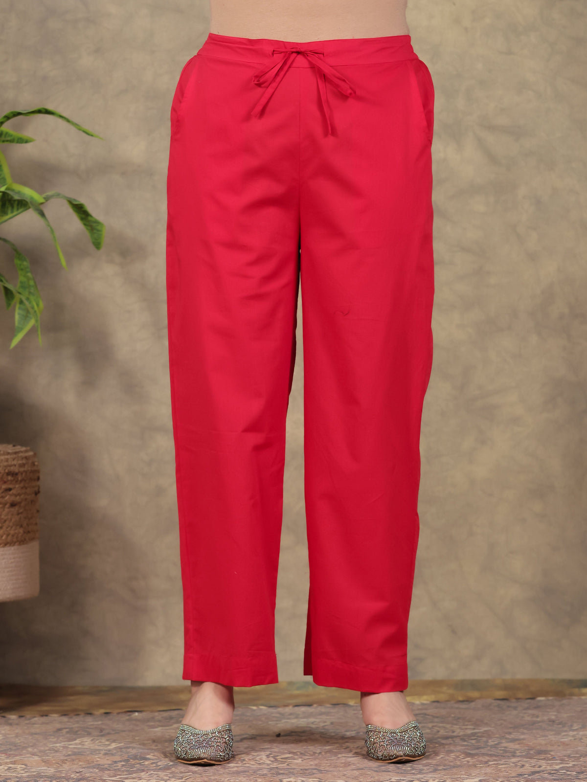Soft Cotton Solid Red Straight Trousers