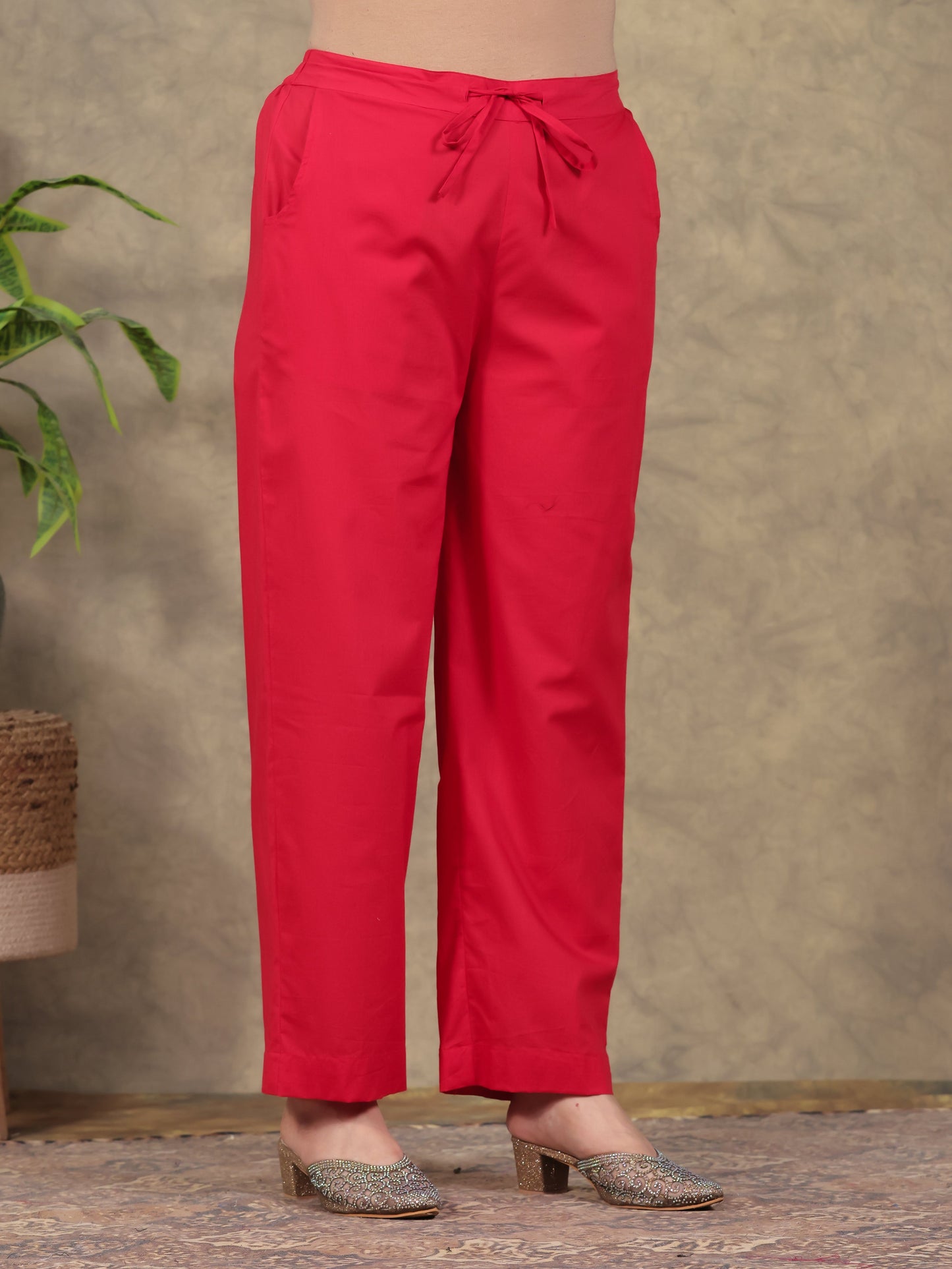 Soft Cotton Solid Red Straight Trousers