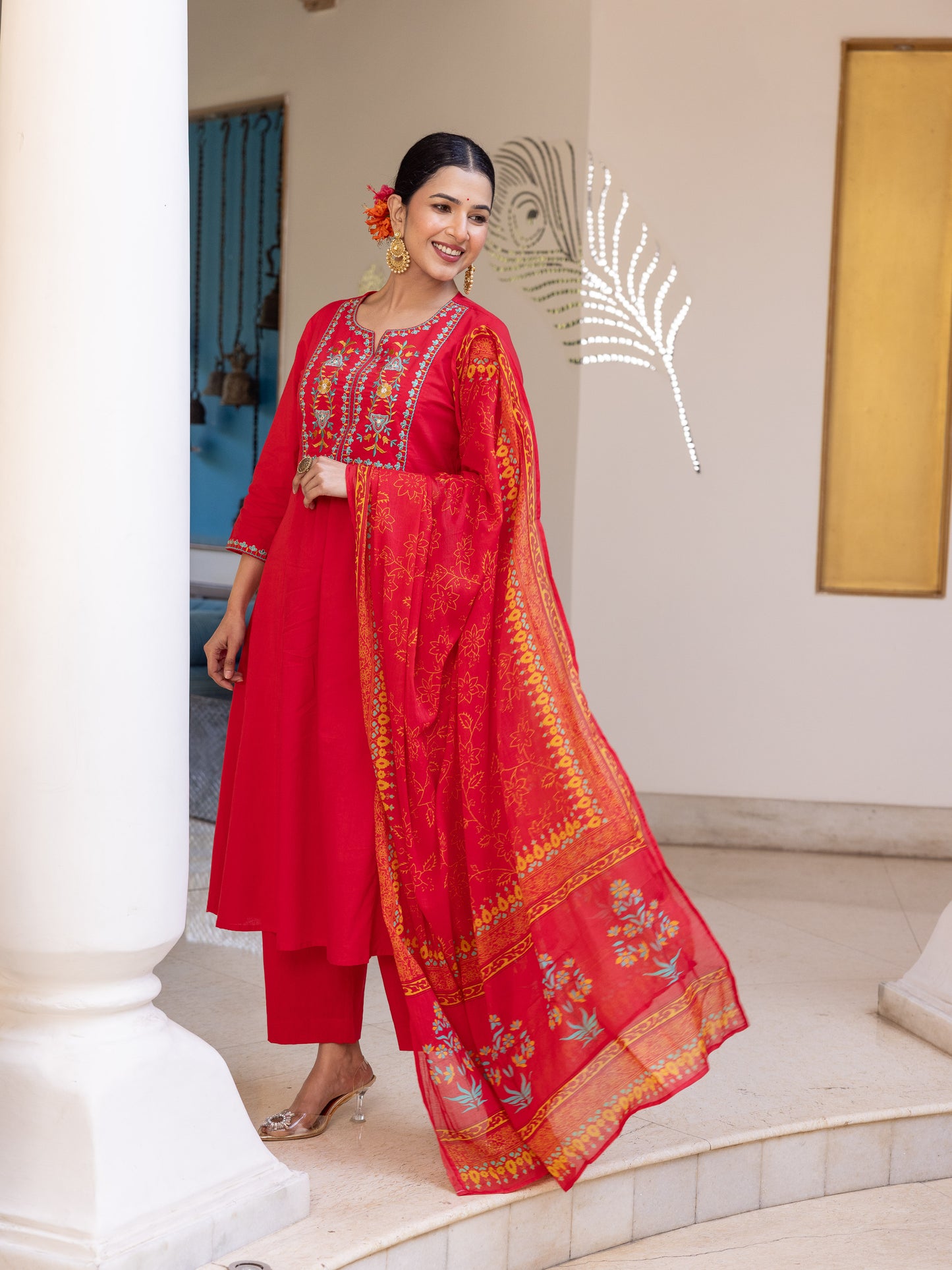 Embroidered Soft Cotton Solid Flared Red Kurta