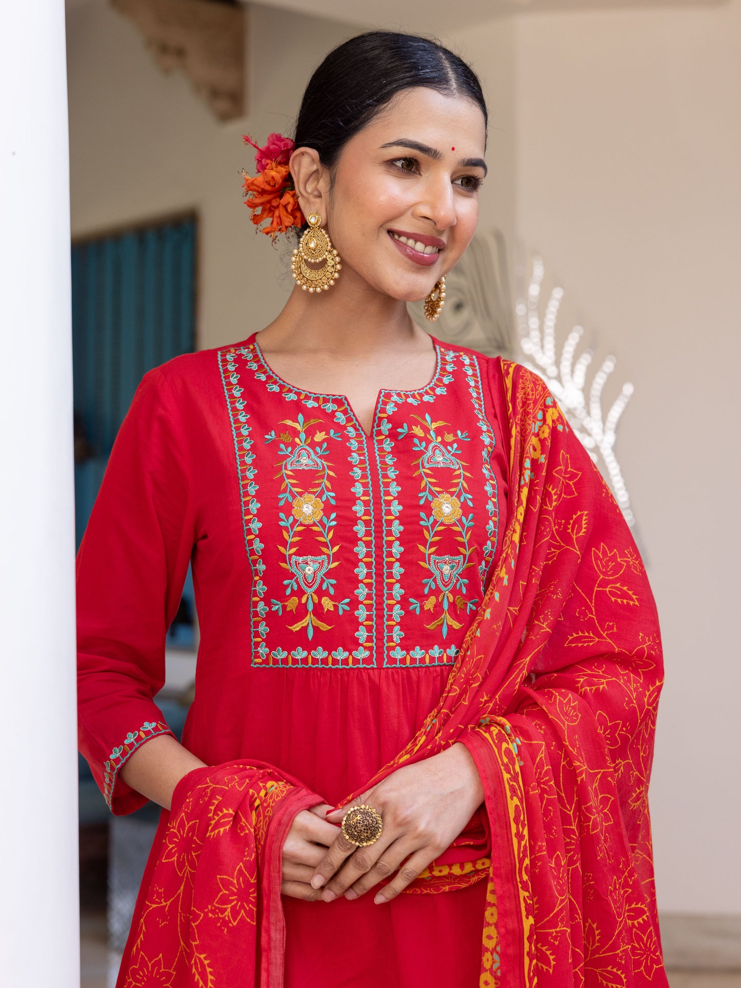 Embroidered Soft Cotton Solid Flared Red Kurta
