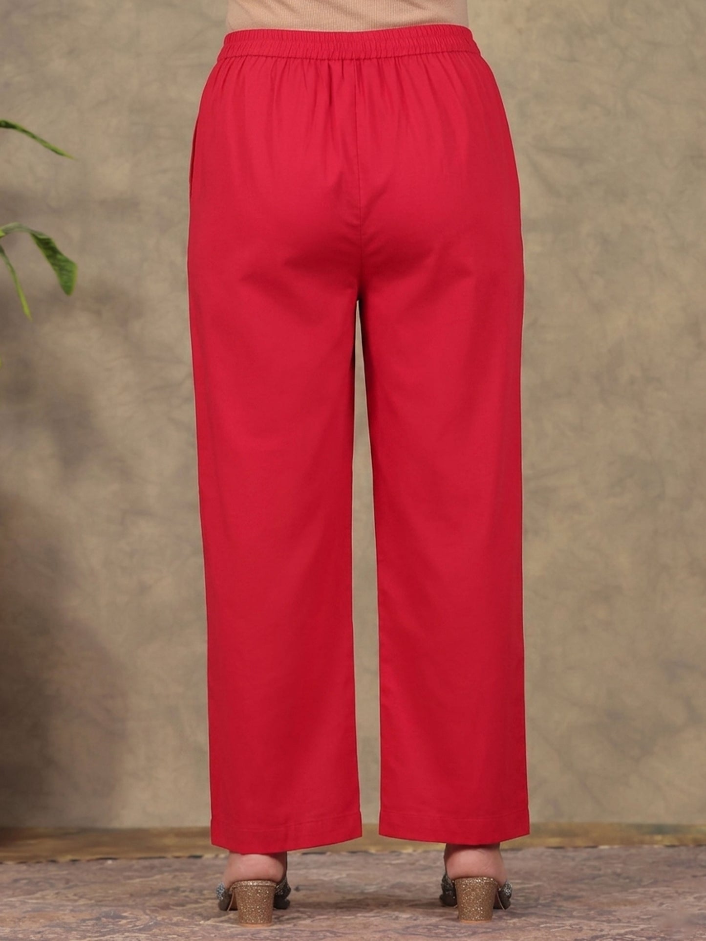 Soft Cotton Solid Red Straight Trousers
