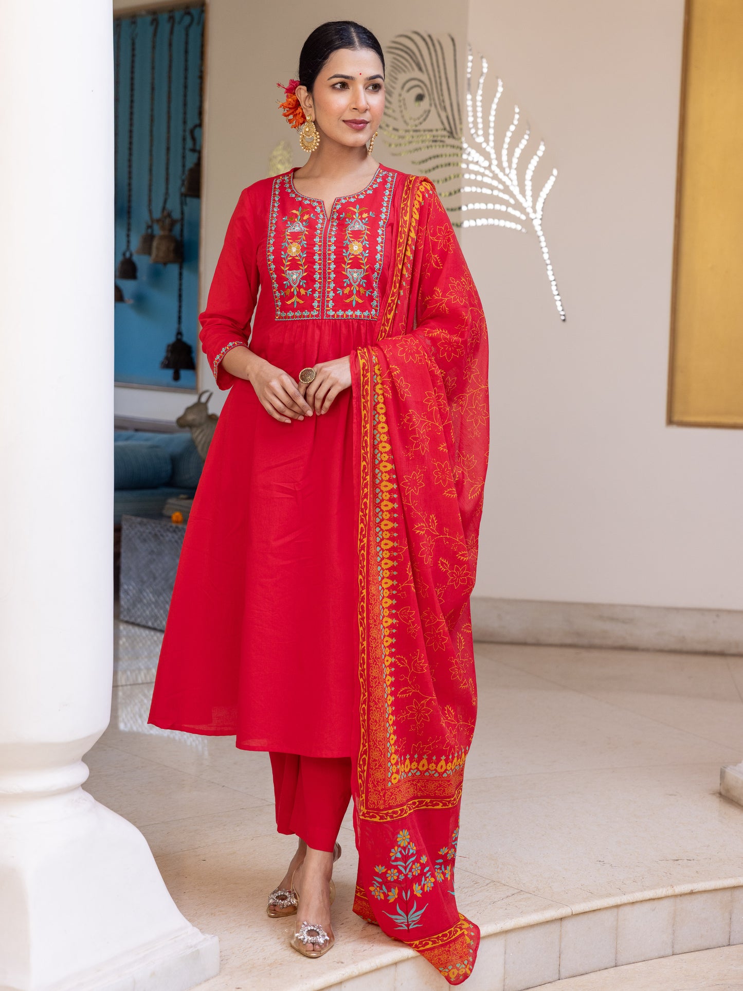 Embroidered Soft Cotton Solid Flared Red Kurta