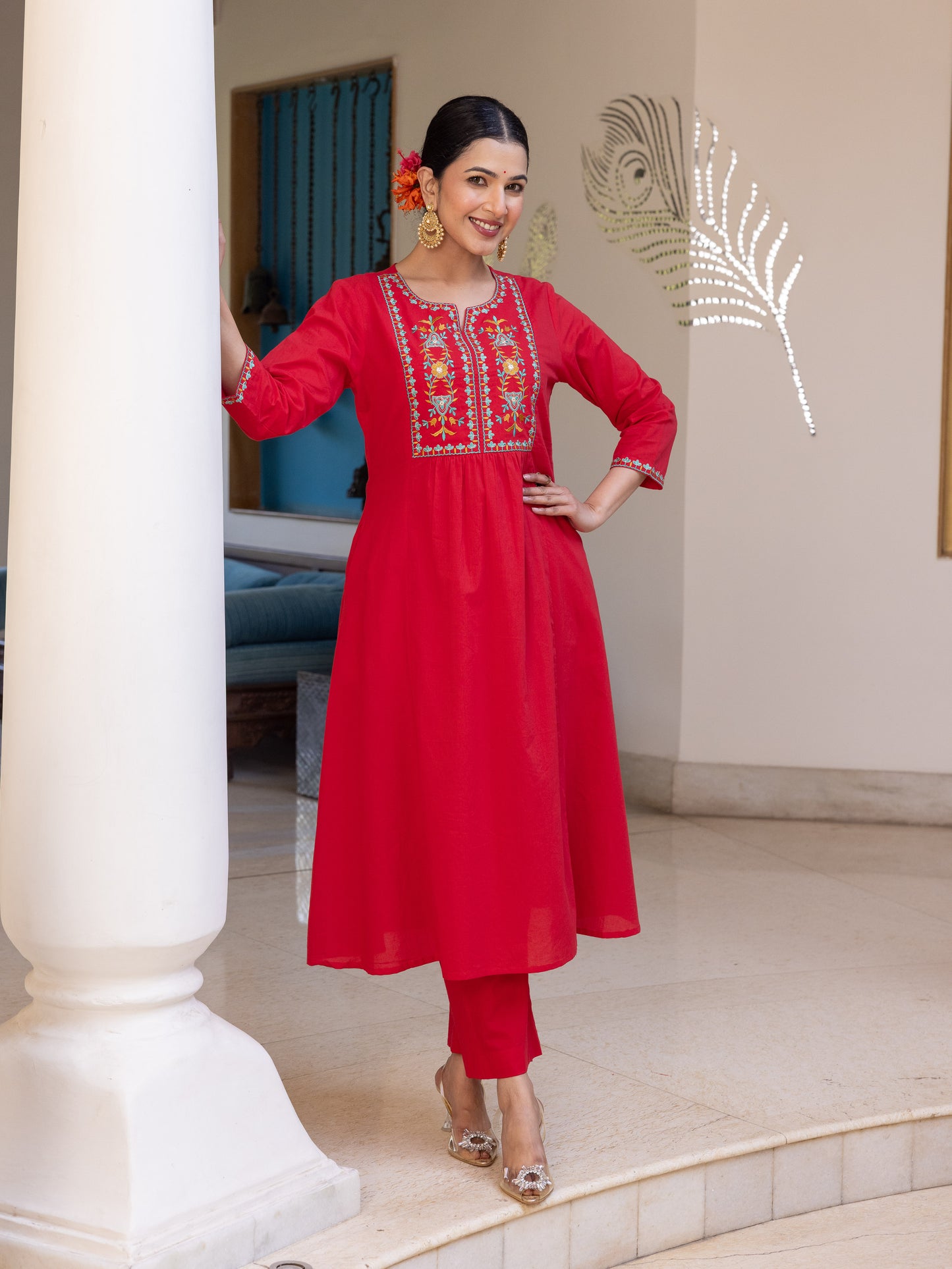 Embroidered Soft Cotton Solid Flared Red Kurta