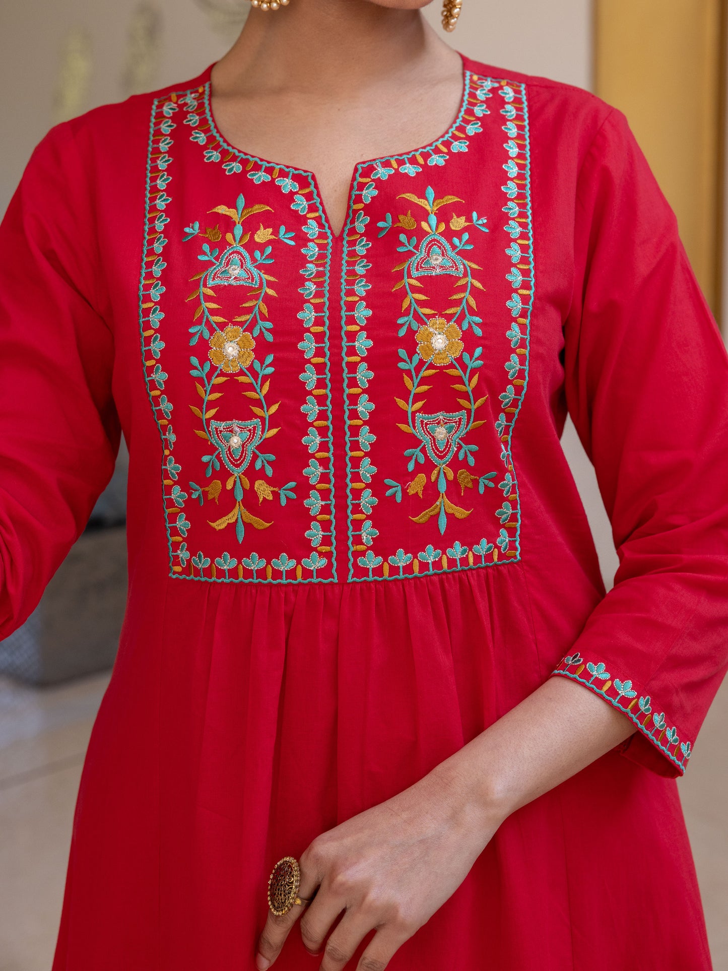 Embroidered Soft Cotton Solid Flared Red Kurta