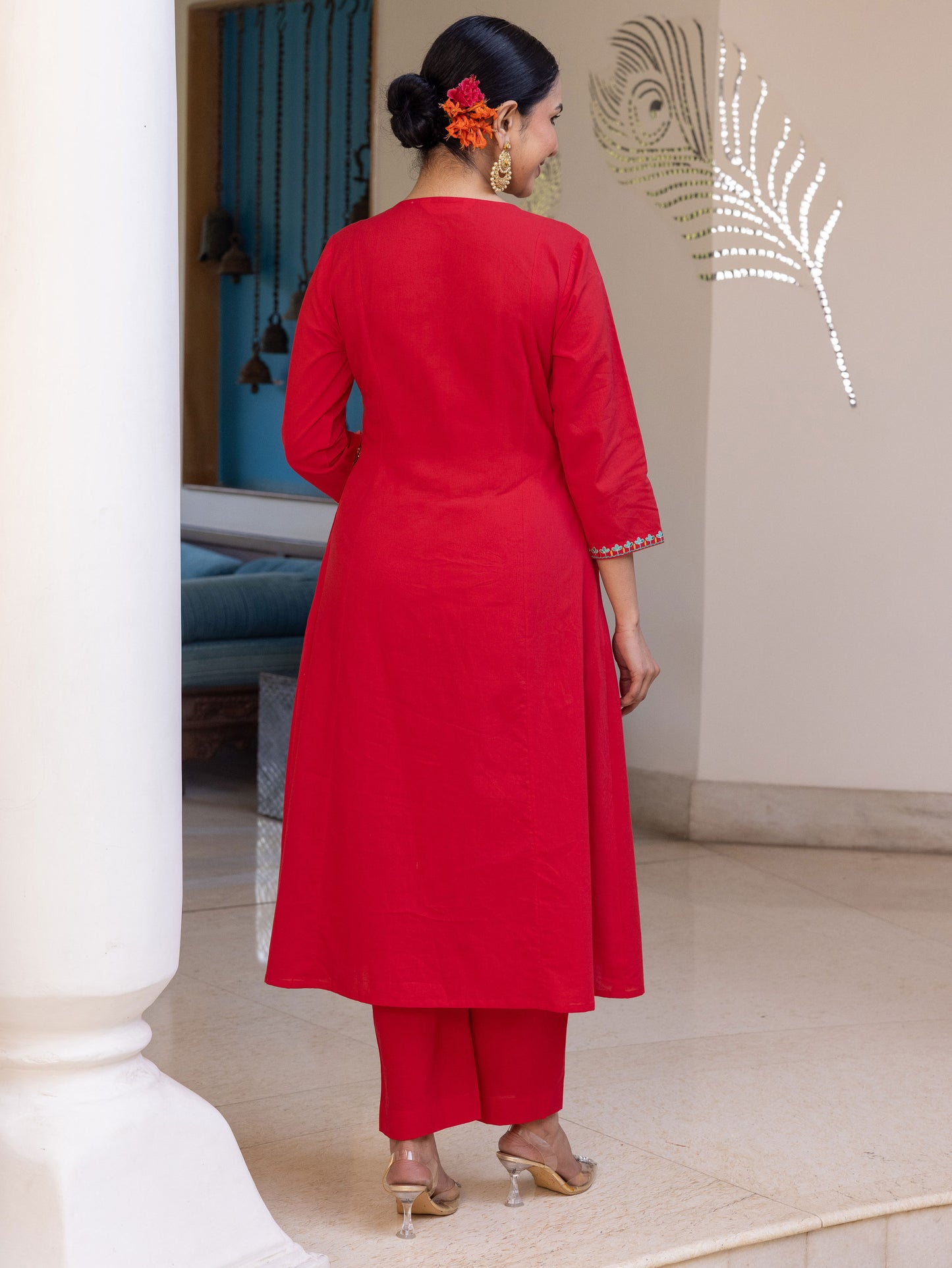 Embroidered Soft Cotton Solid Flared Red Kurta