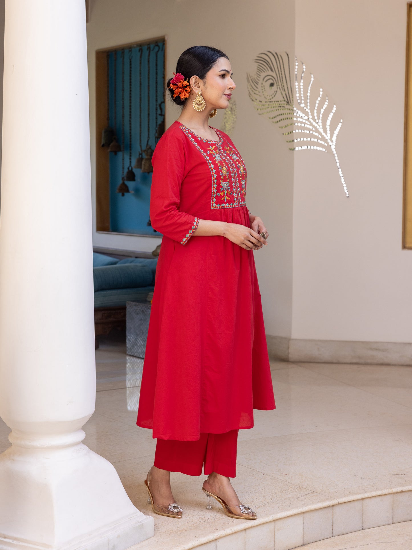 Embroidered Soft Cotton Solid Flared Red Kurta