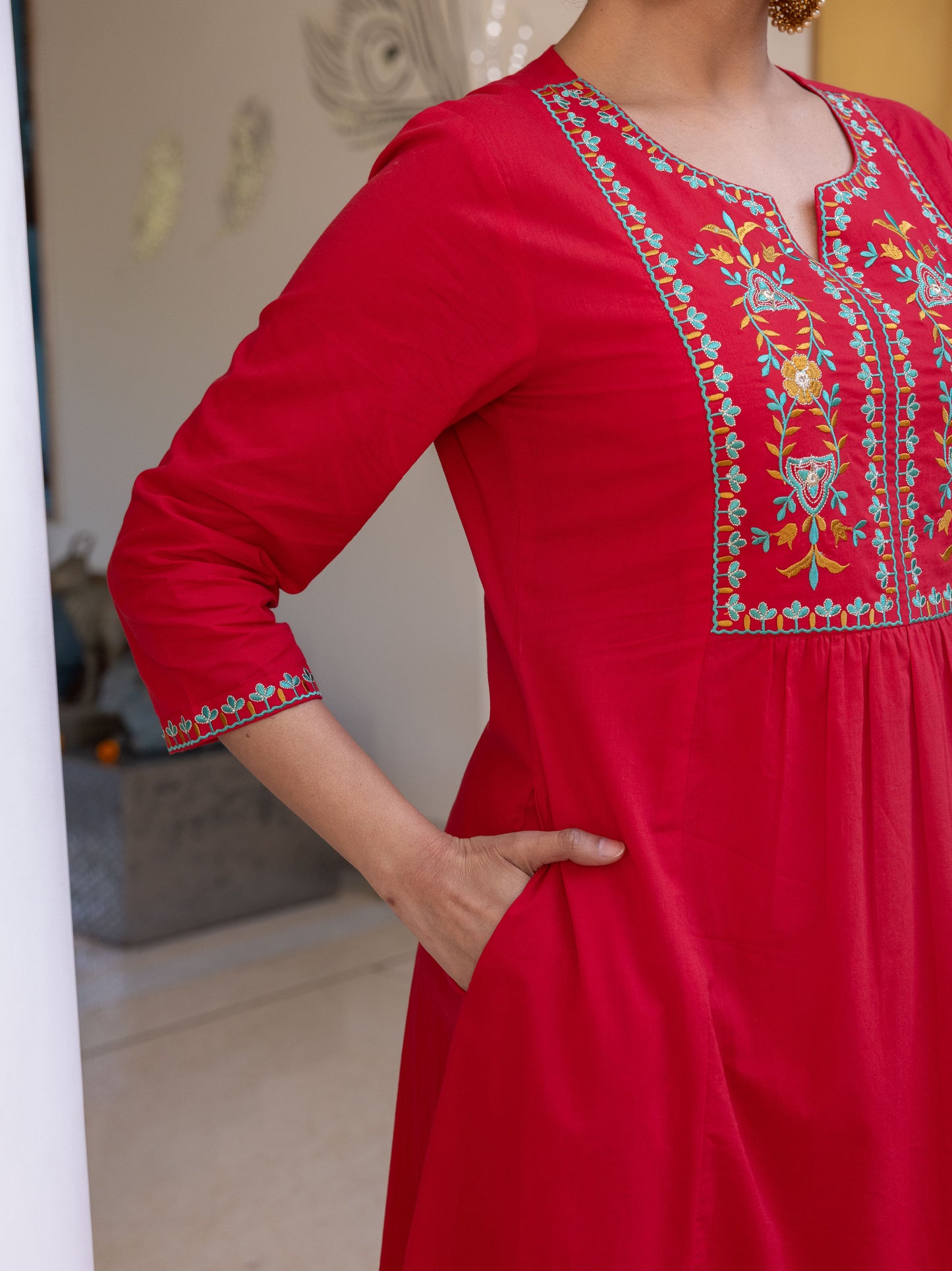Embroidered Soft Cotton Solid Flared Red Kurta