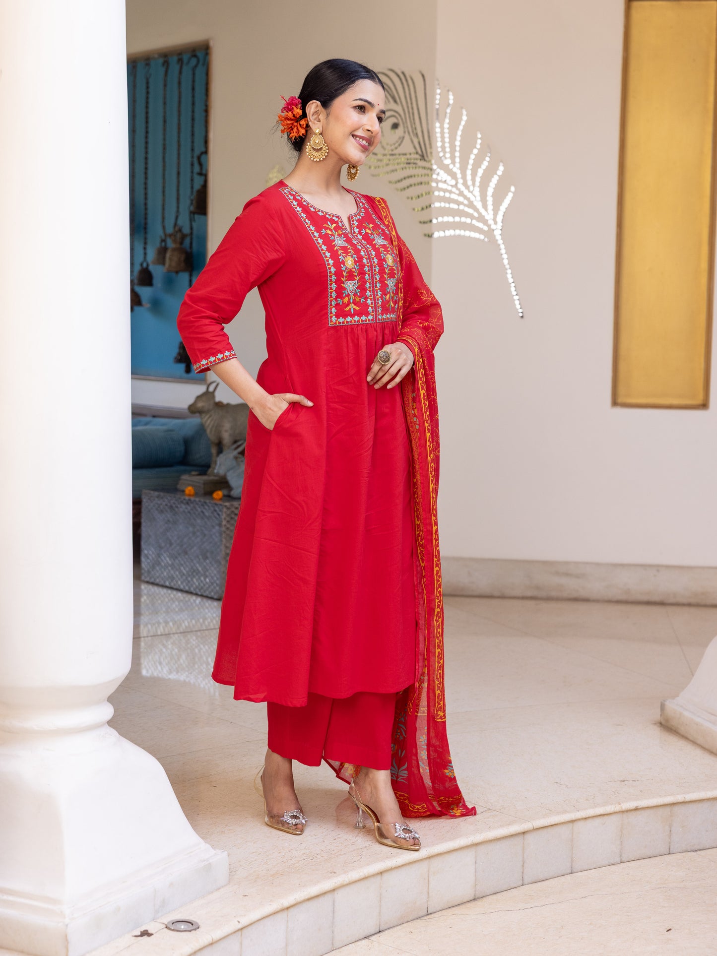 Embroidered Soft Cotton Solid Flared Red Kurta