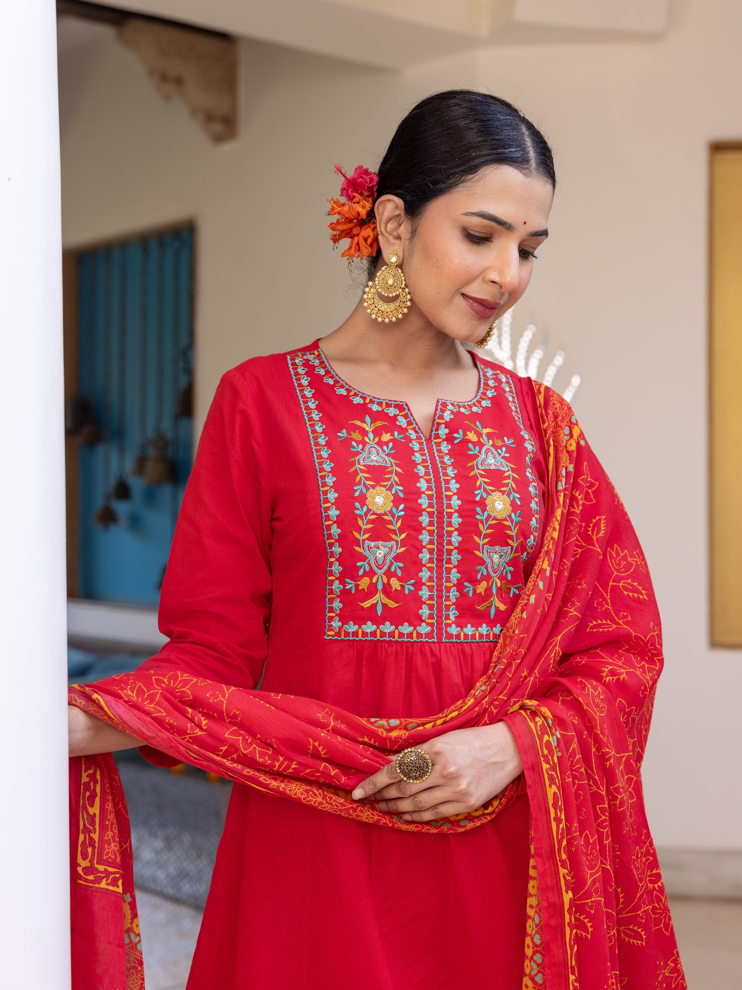 Embroidered Soft Cotton Solid Flared Red Kurta