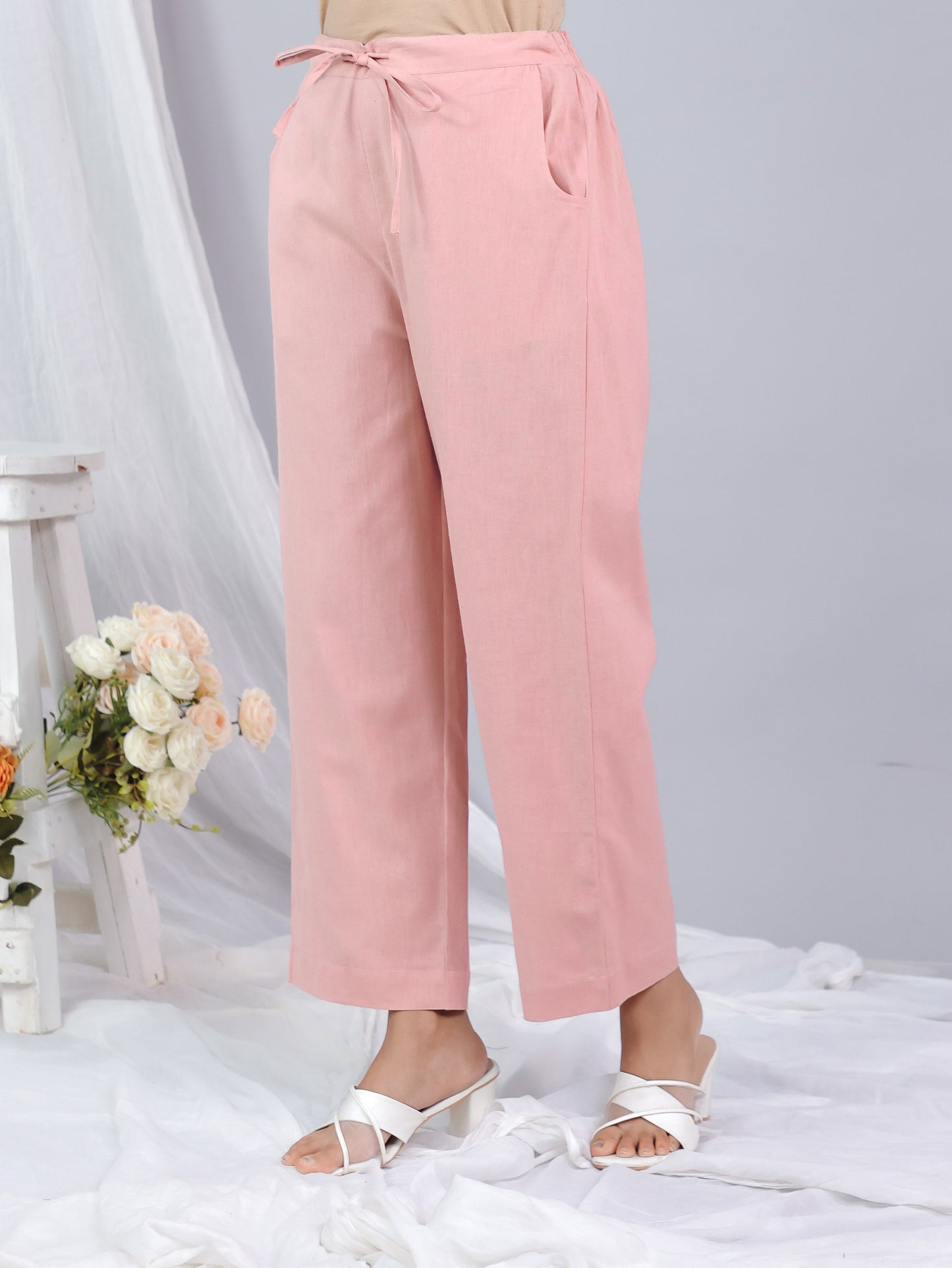 Linen Cotton Solid Pink Straight Trousers