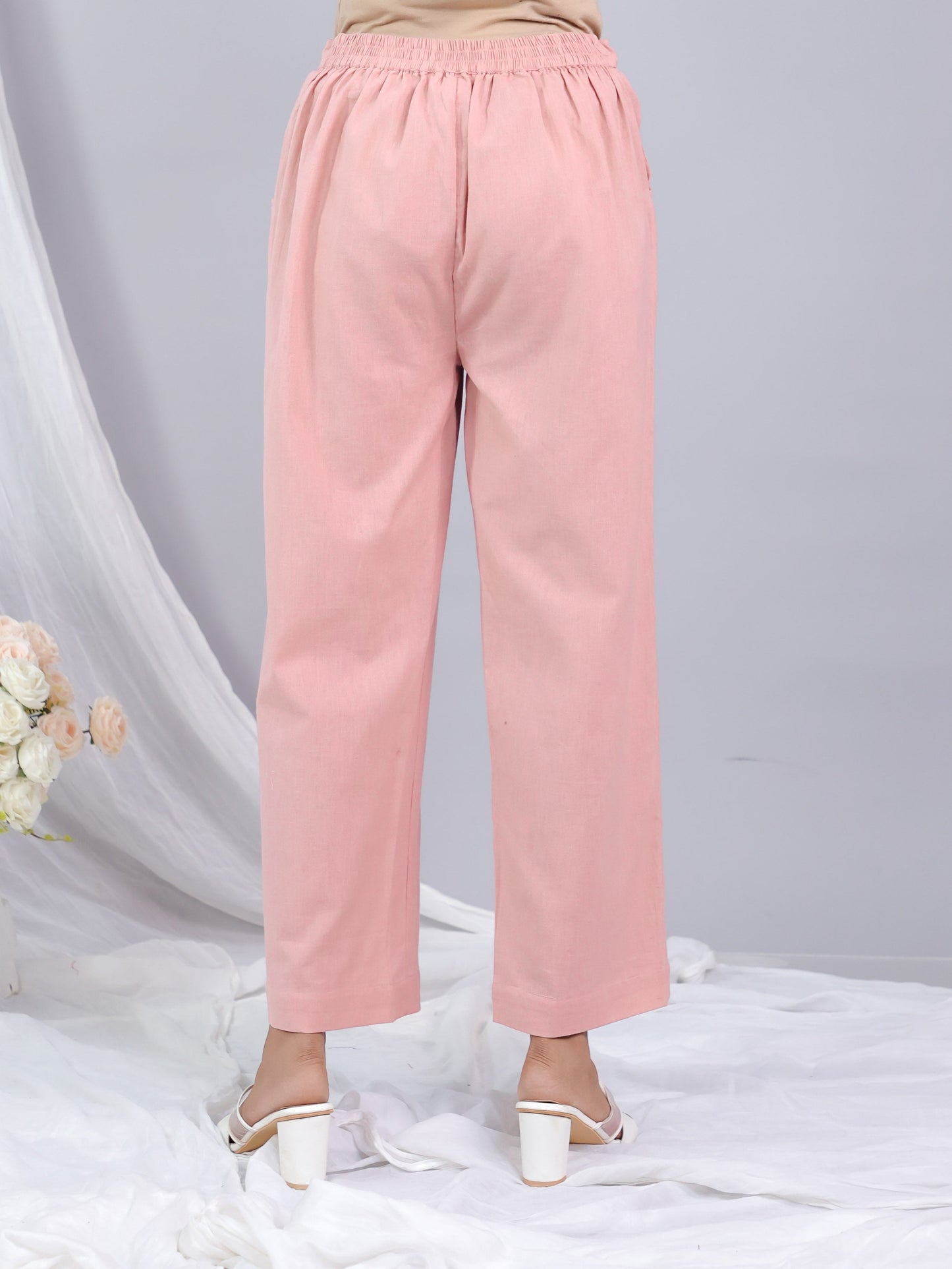 Linen Cotton Solid Pink Straight Trousers