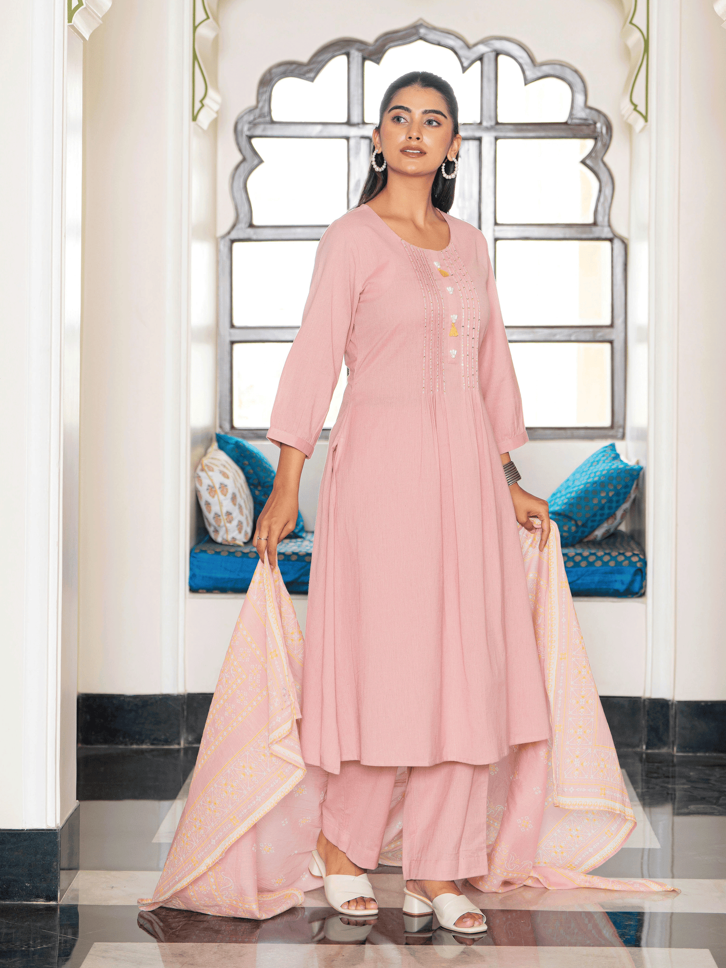 Embroidered Linen Cotton Solid Flared Pink Kurta