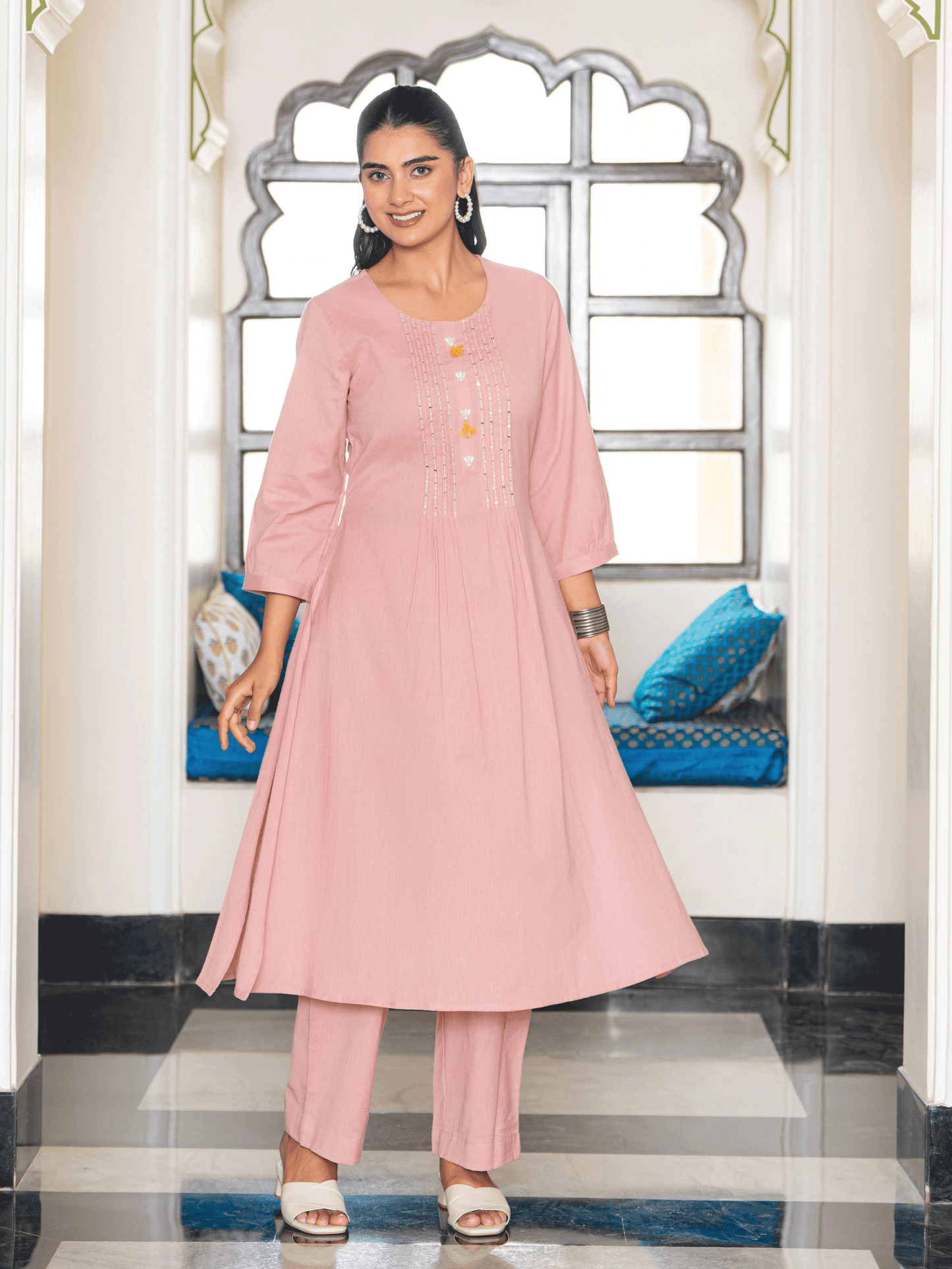 Embroidered Linen Cotton Solid Flared Pink Kurta