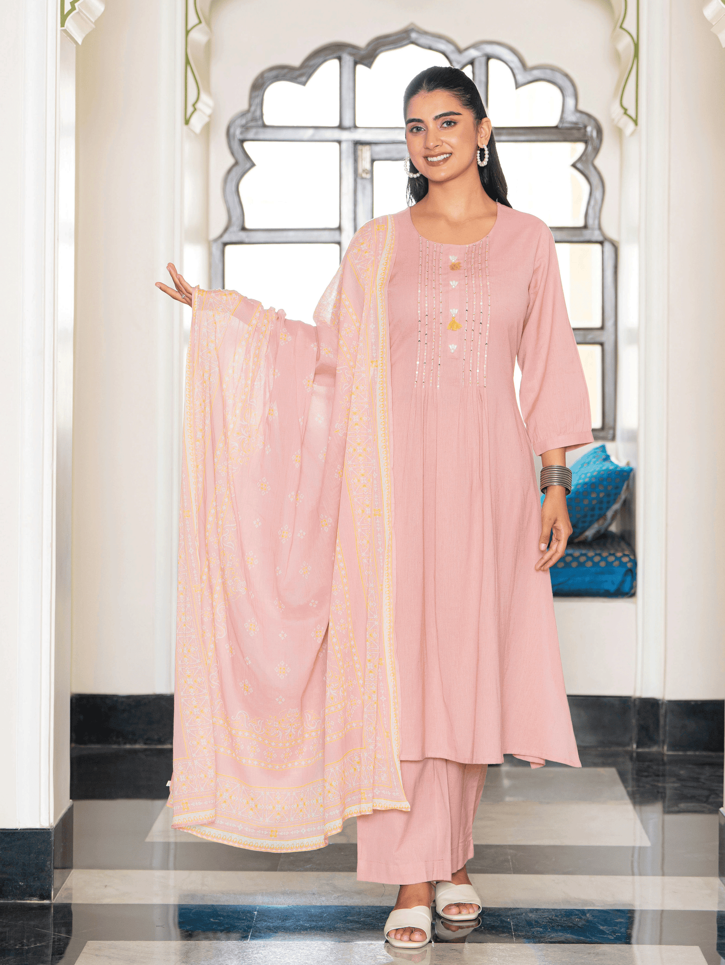 Embroidered Linen Cotton Solid Flared Pink Kurta