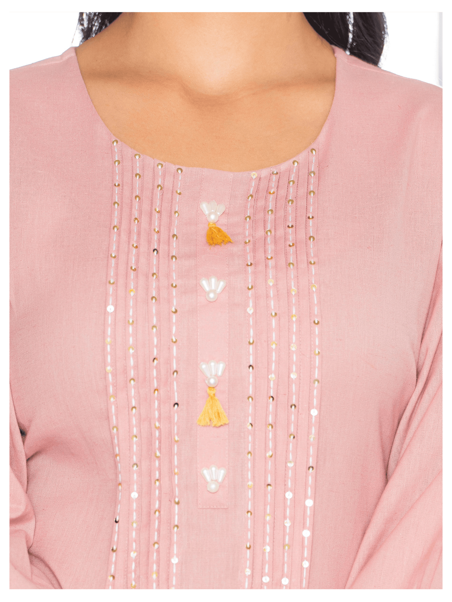 Embroidered Linen Cotton Solid Flared Pink Kurta